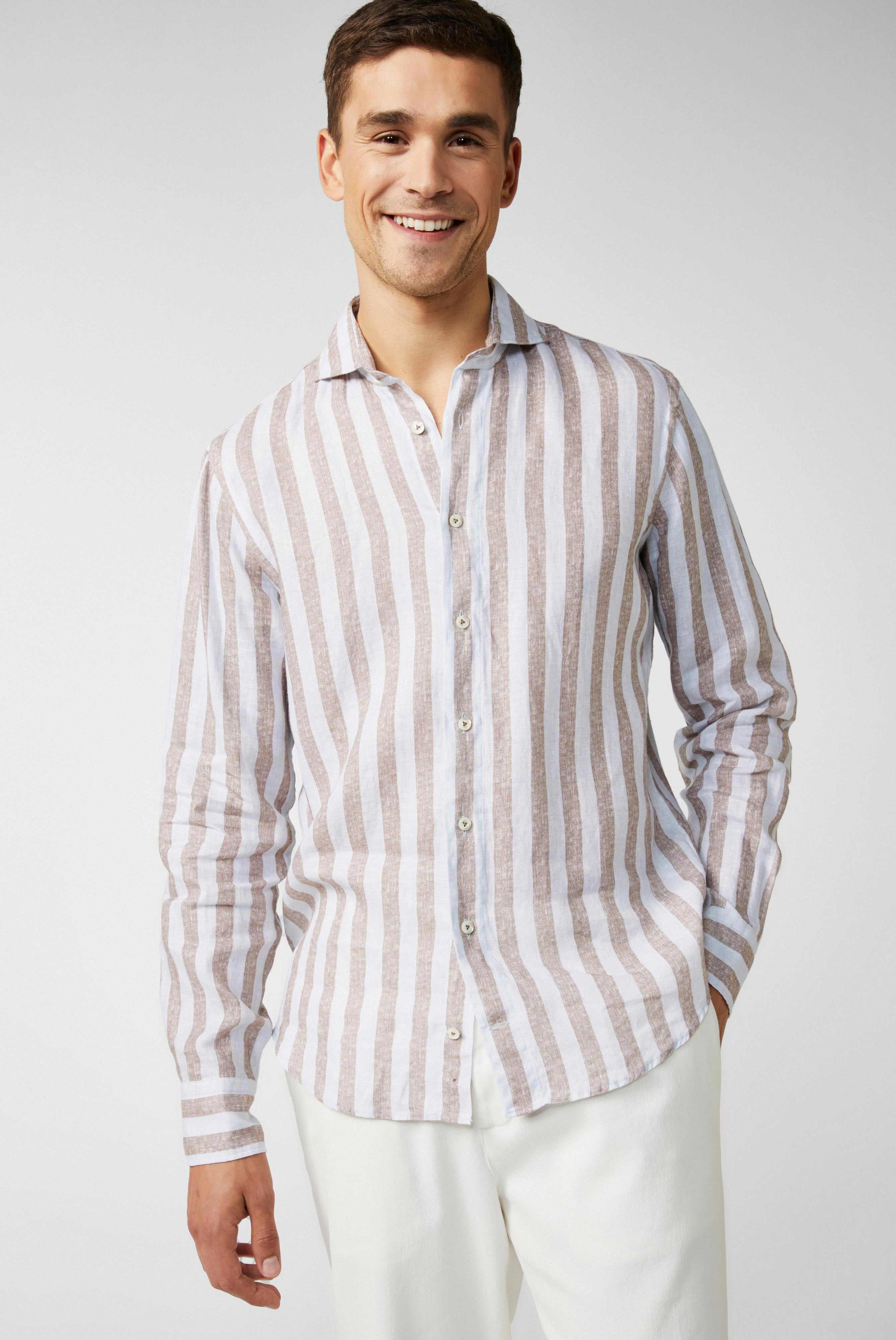 Leinenhemd mit zweifarbigem Streifendruck Beige