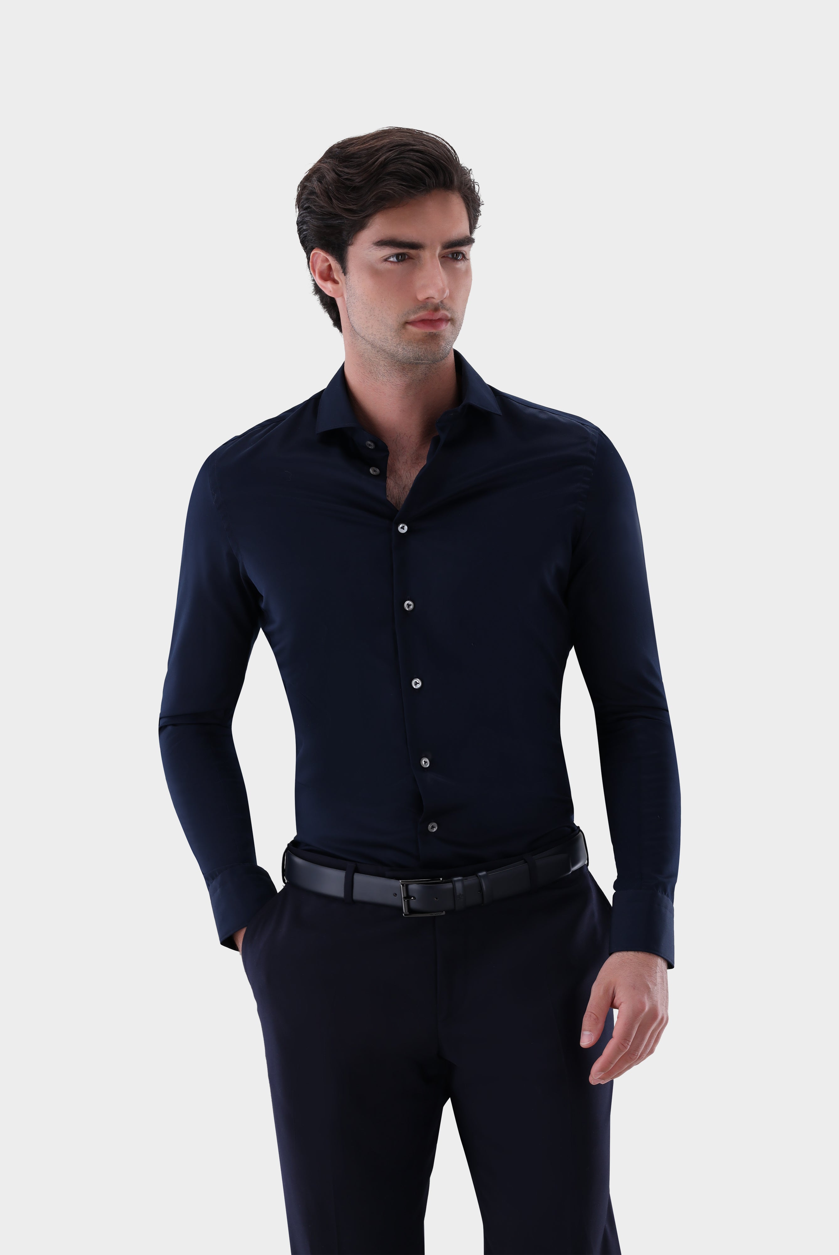 Non-iron hybrid shirt with jersey insert, slim fit