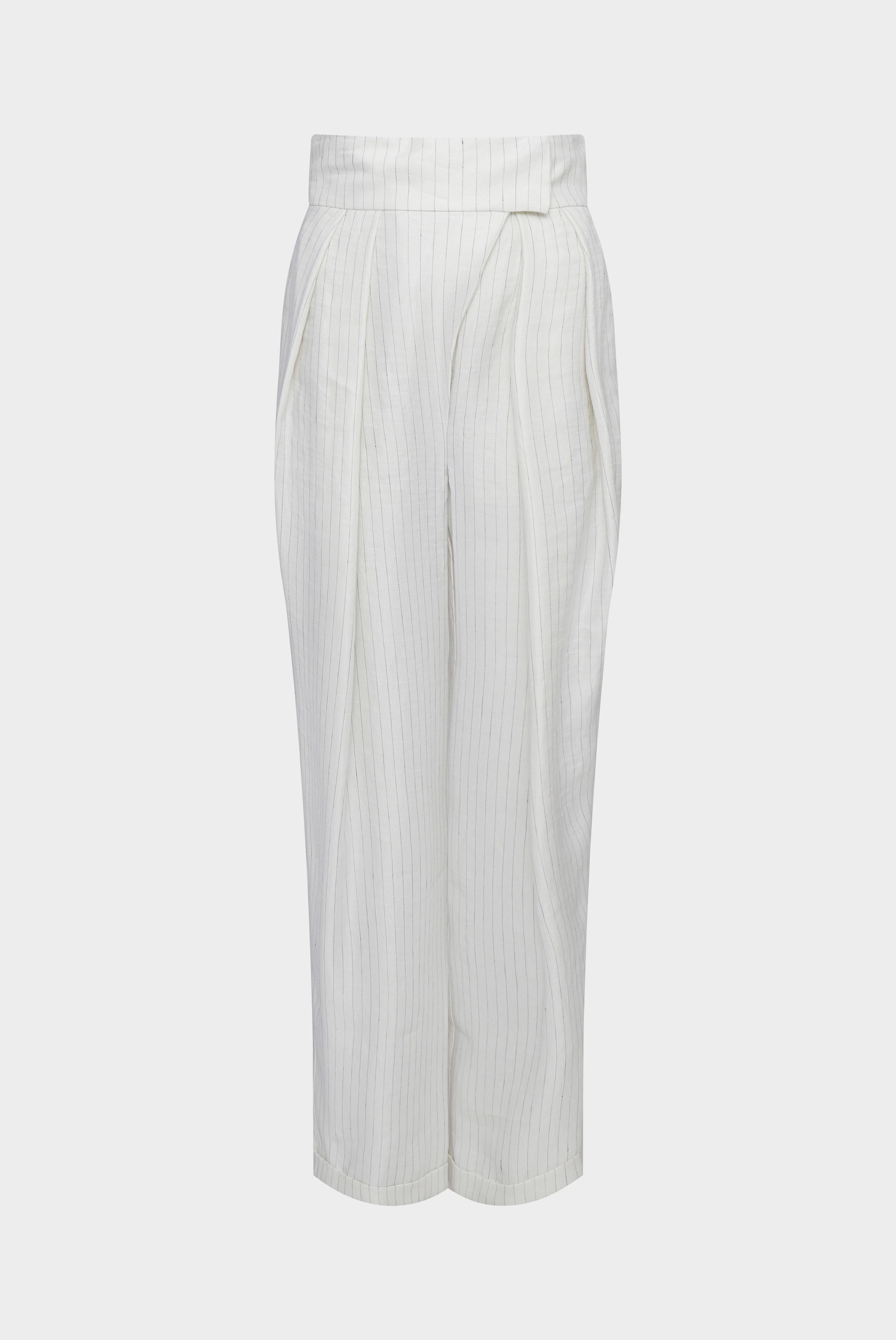Summer pleated trousers in a linen blend with fine stripes, ivory