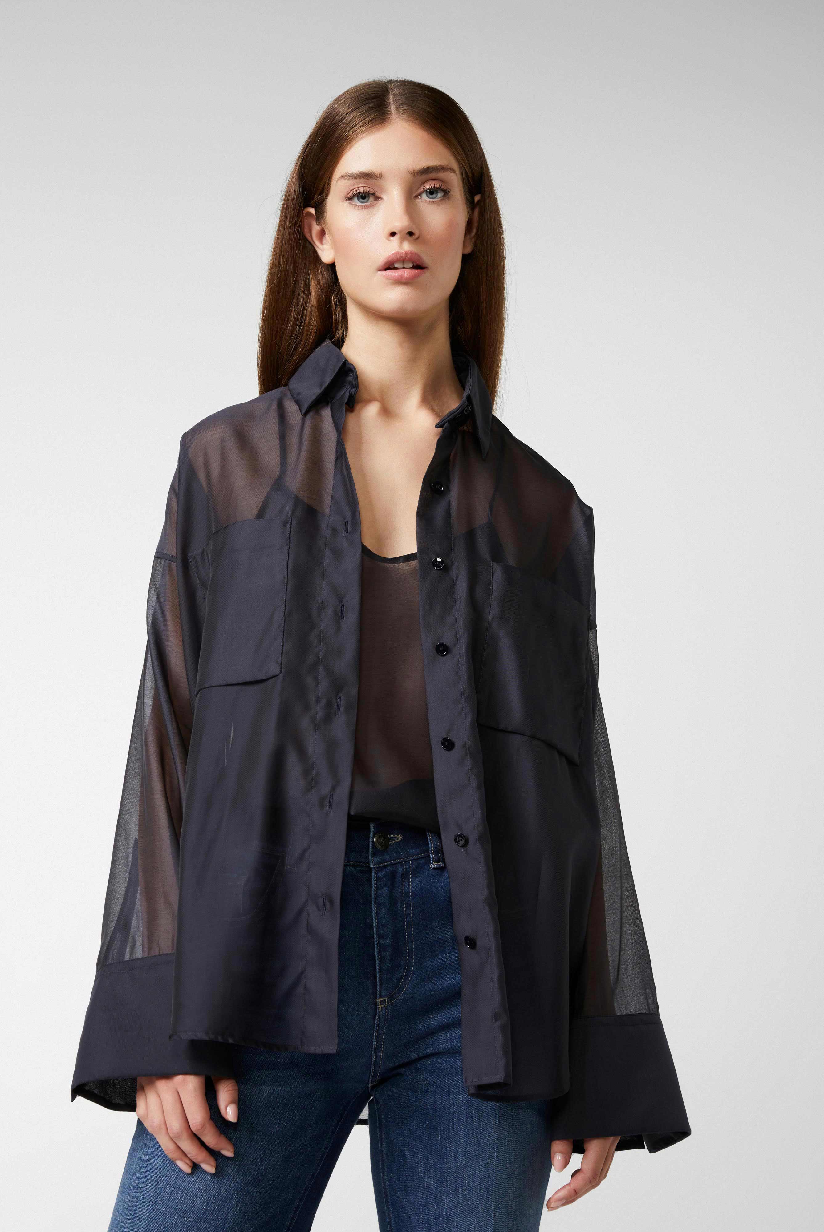 Oversized shirt blouse with large cuffs, dark blue