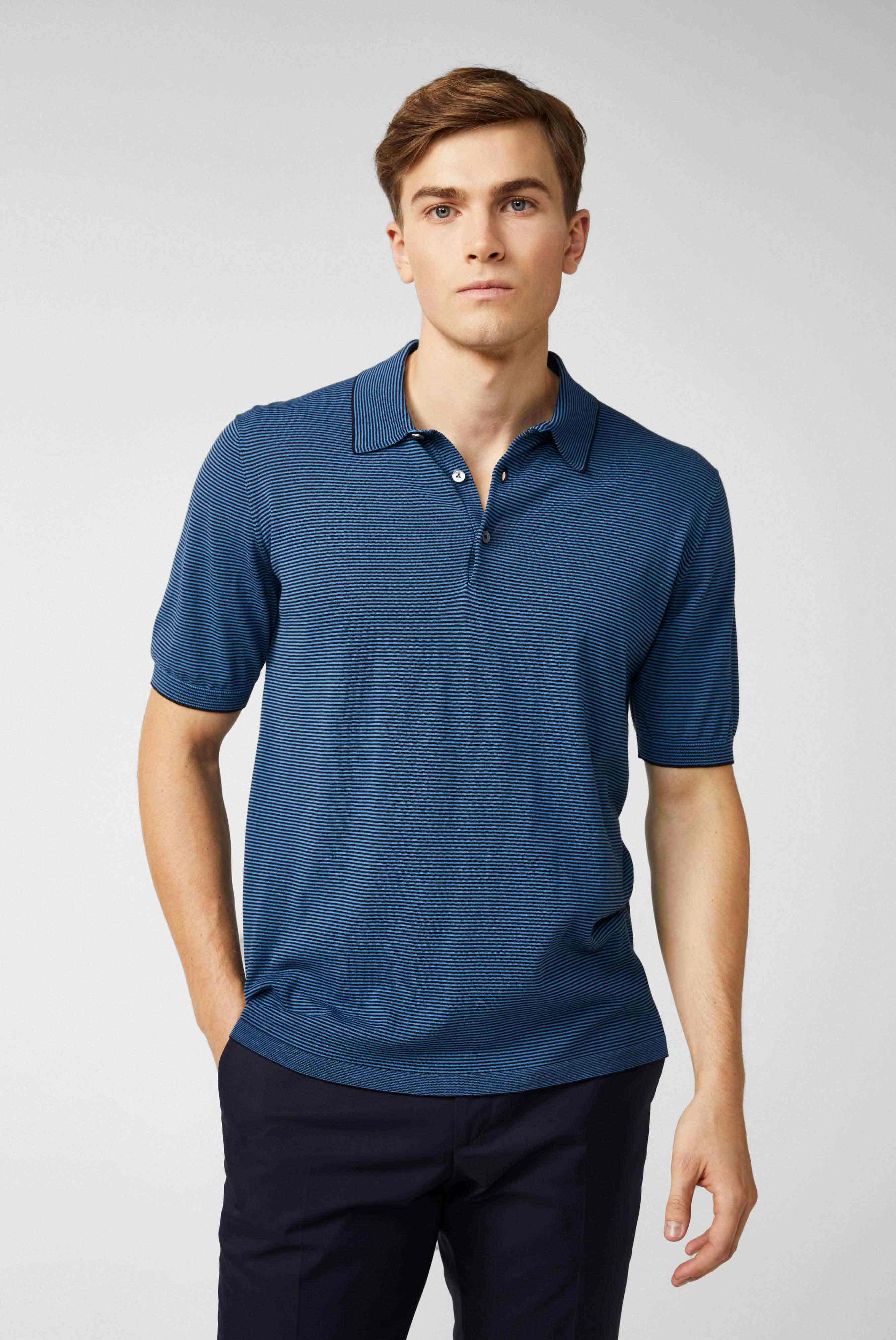 Gestreiftes Strick-Poloshirt aus Air Cotton Blau