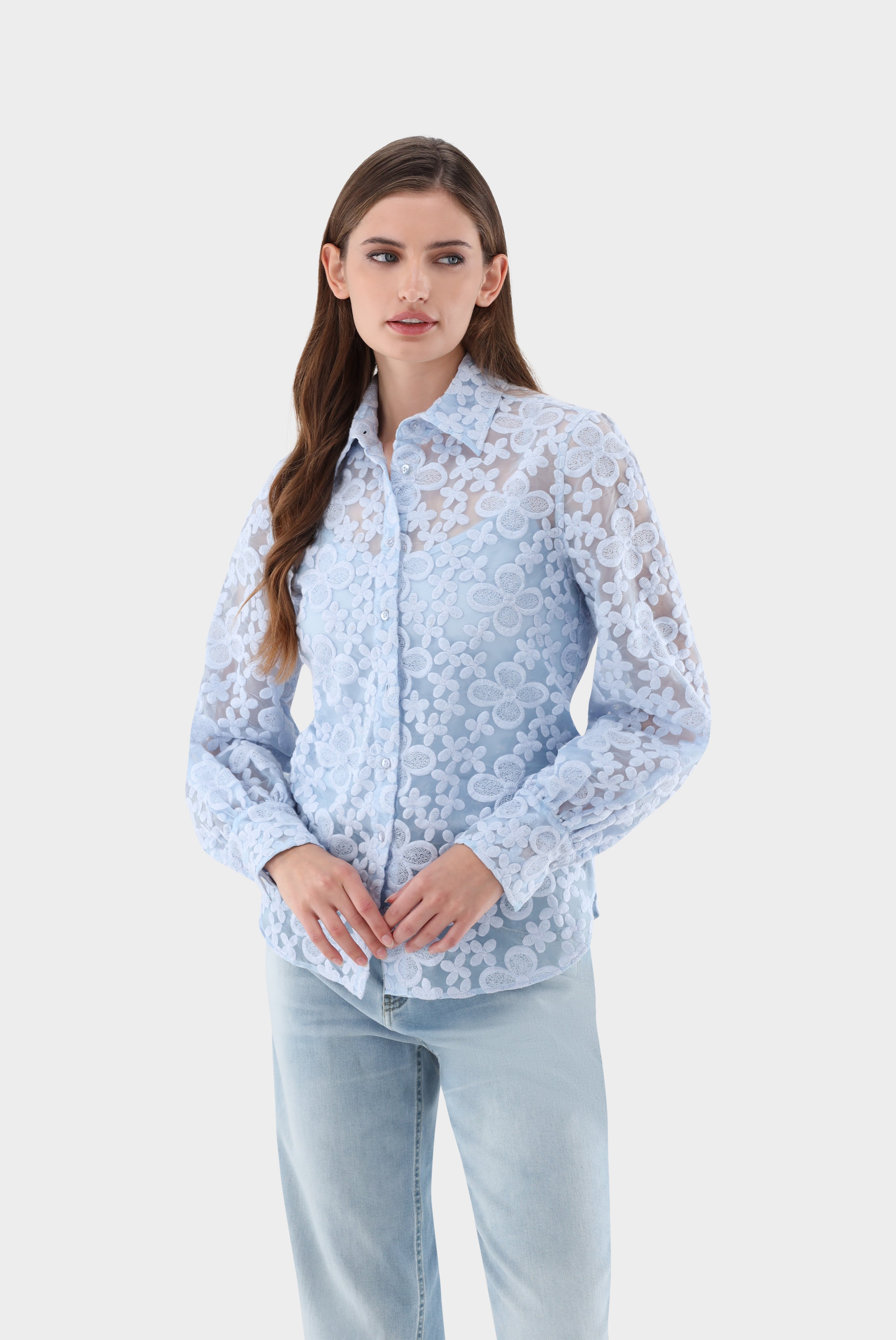 Hemdbluse mit Blousonärmeln und besticktem Organza