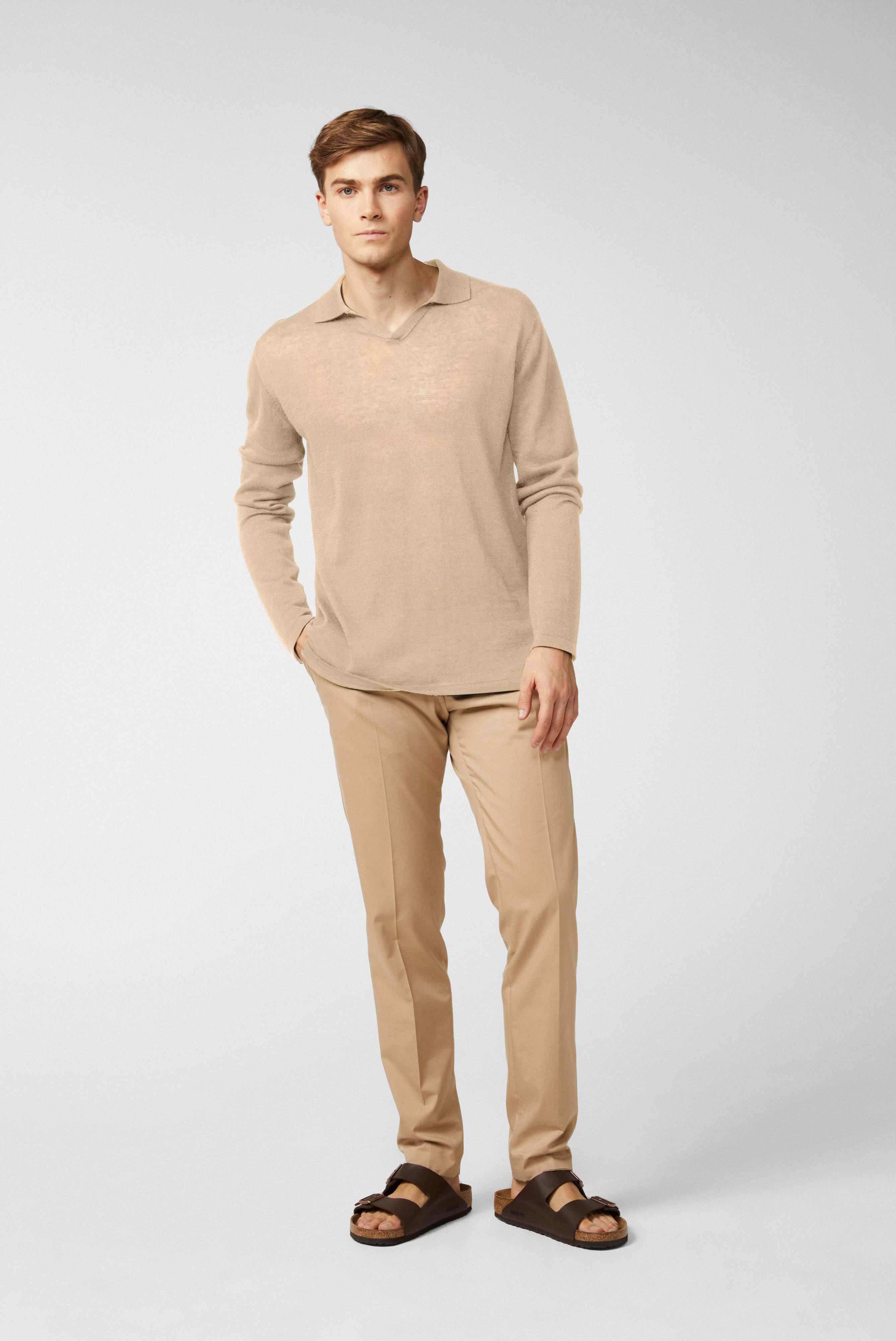 Gestricktes V-Neck Langarm Poloshirt Beige