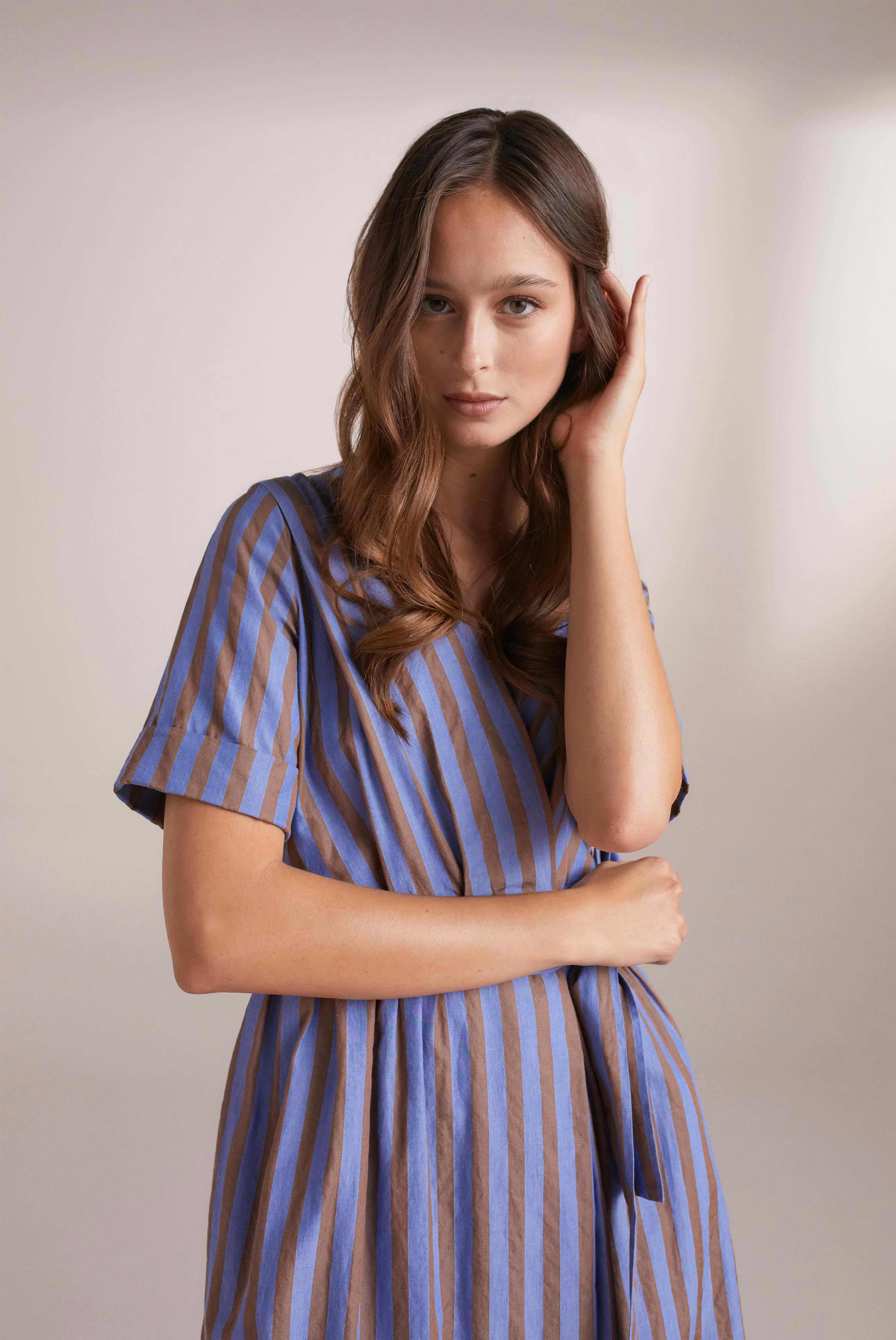 Summery cotton midi dress, striped, brown and blue