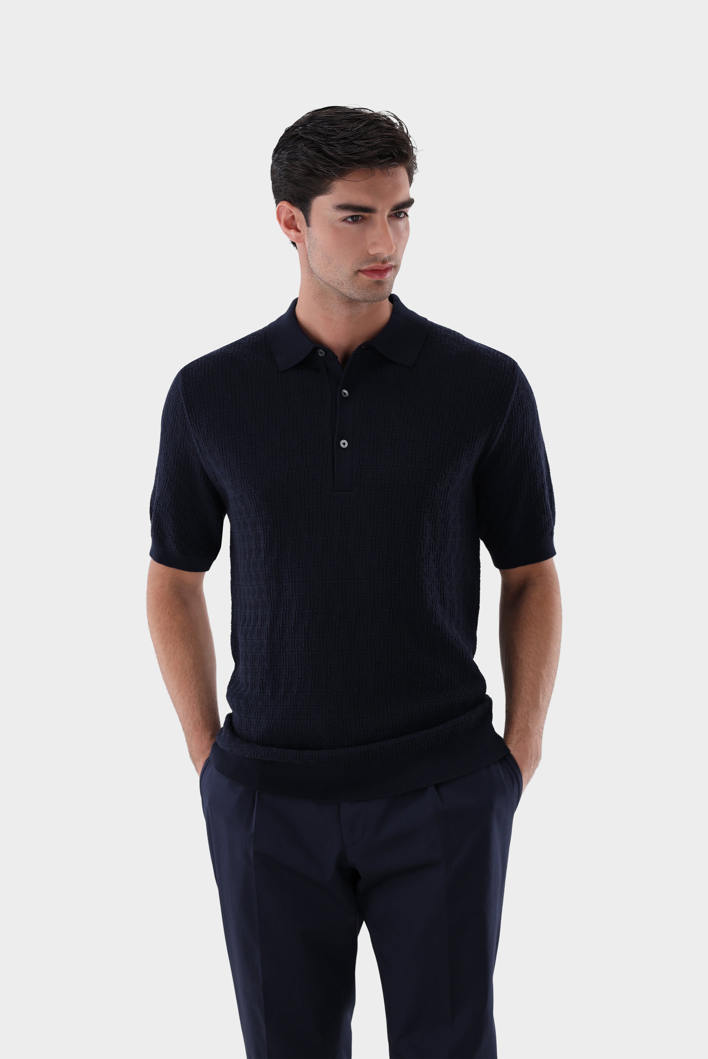 Van Laack-Strick Poloshirt mit Signature Jacquard Muster-Shirts-Black-Deal-Outlet-by-ARCHIVIST
