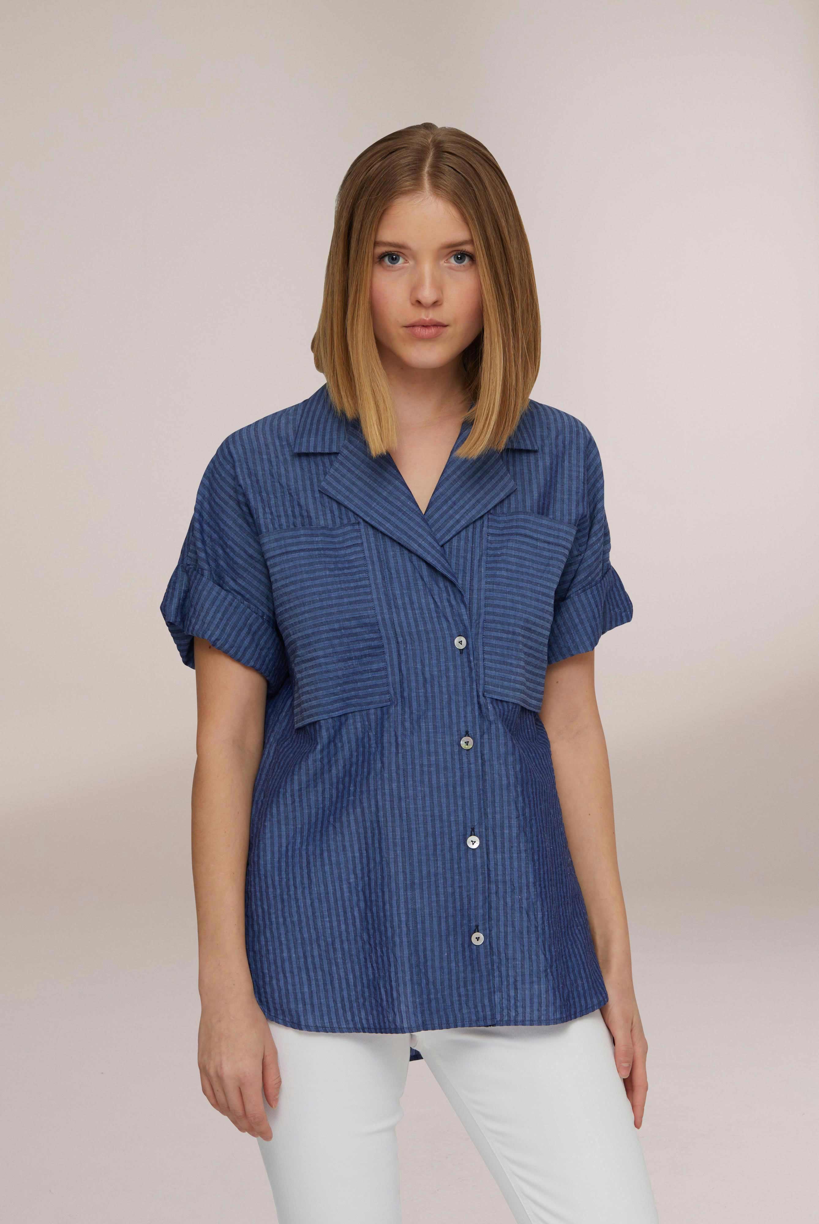 Van Laack-Kurzarm Bluse Modern Fit aus Baumwolle und Leinen Blau gestreift-Hemden & Blusen-Black-Deal-Outlet-by-ARCHIVIST