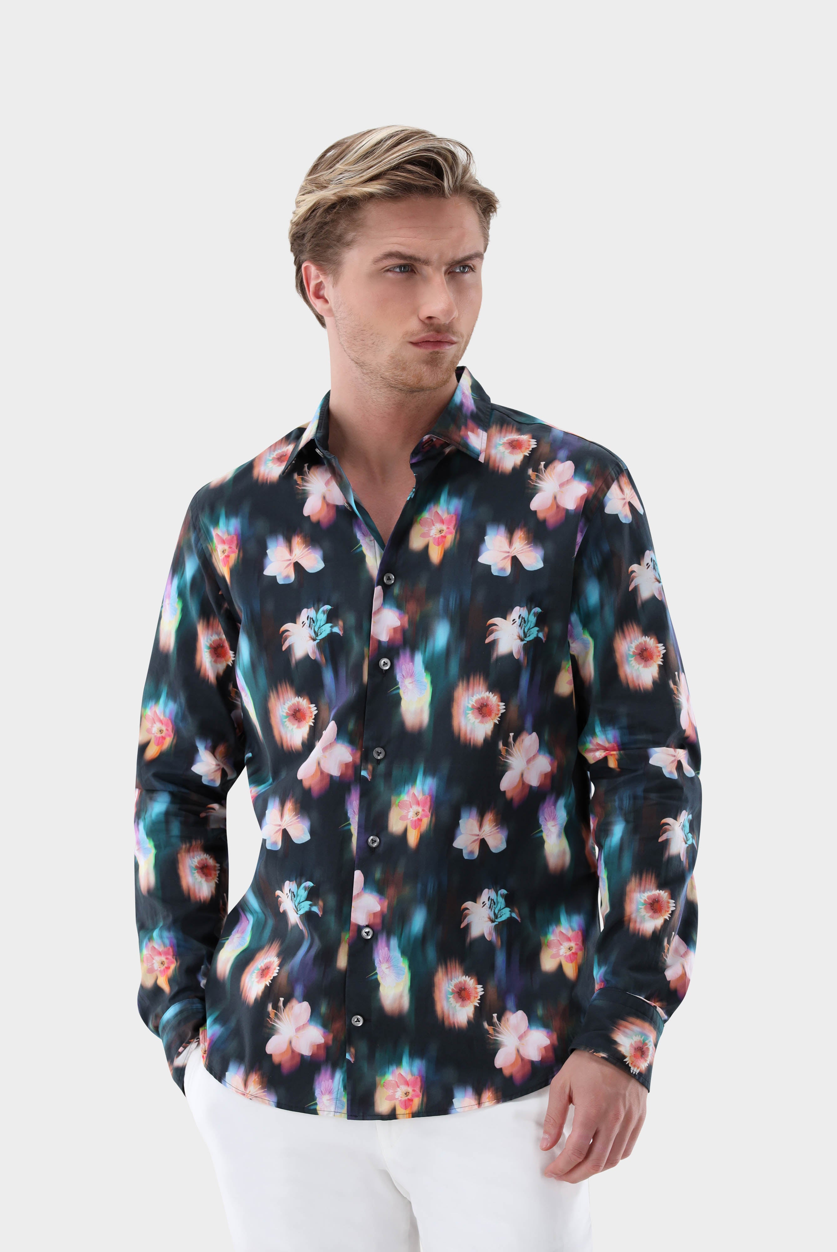 Popeline Hemd mit Blumen-Druck Slim Fit