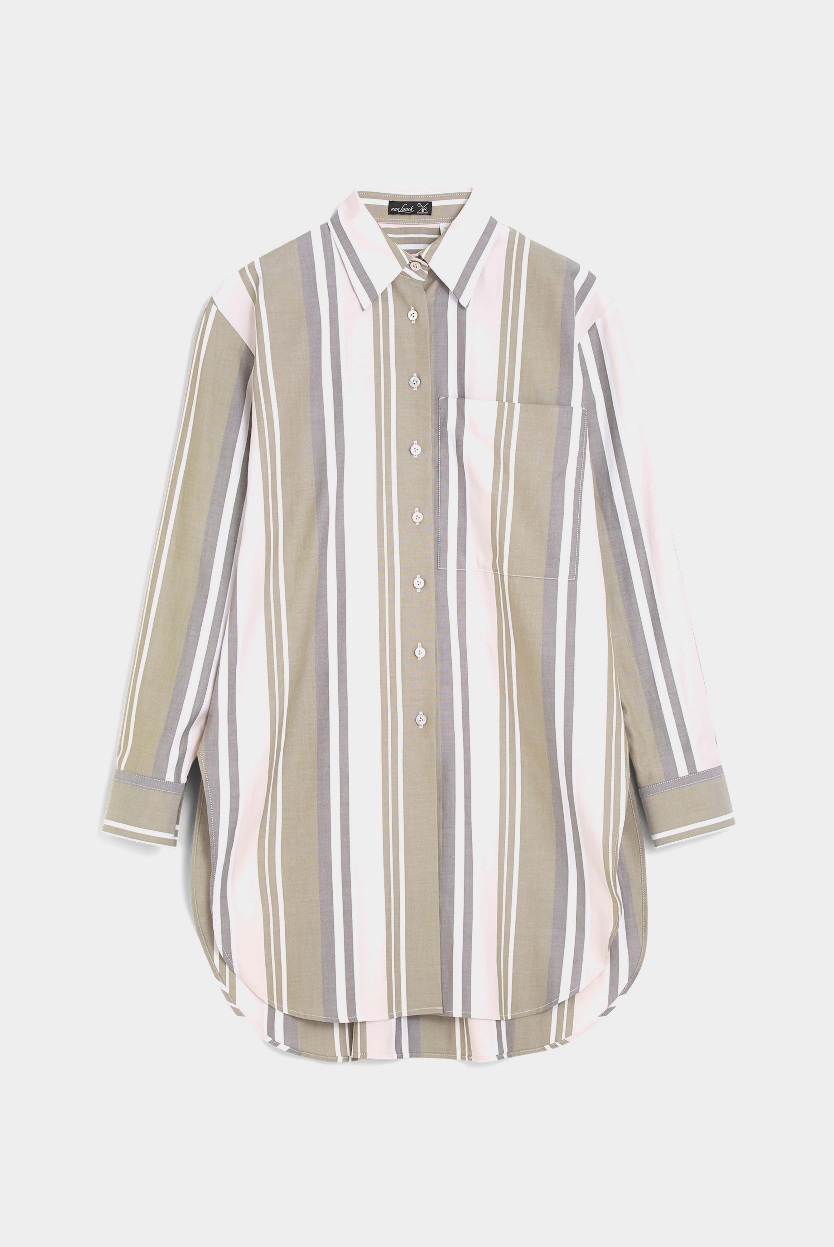 Long cotton shirt blouse with chest pocket, green/white striped