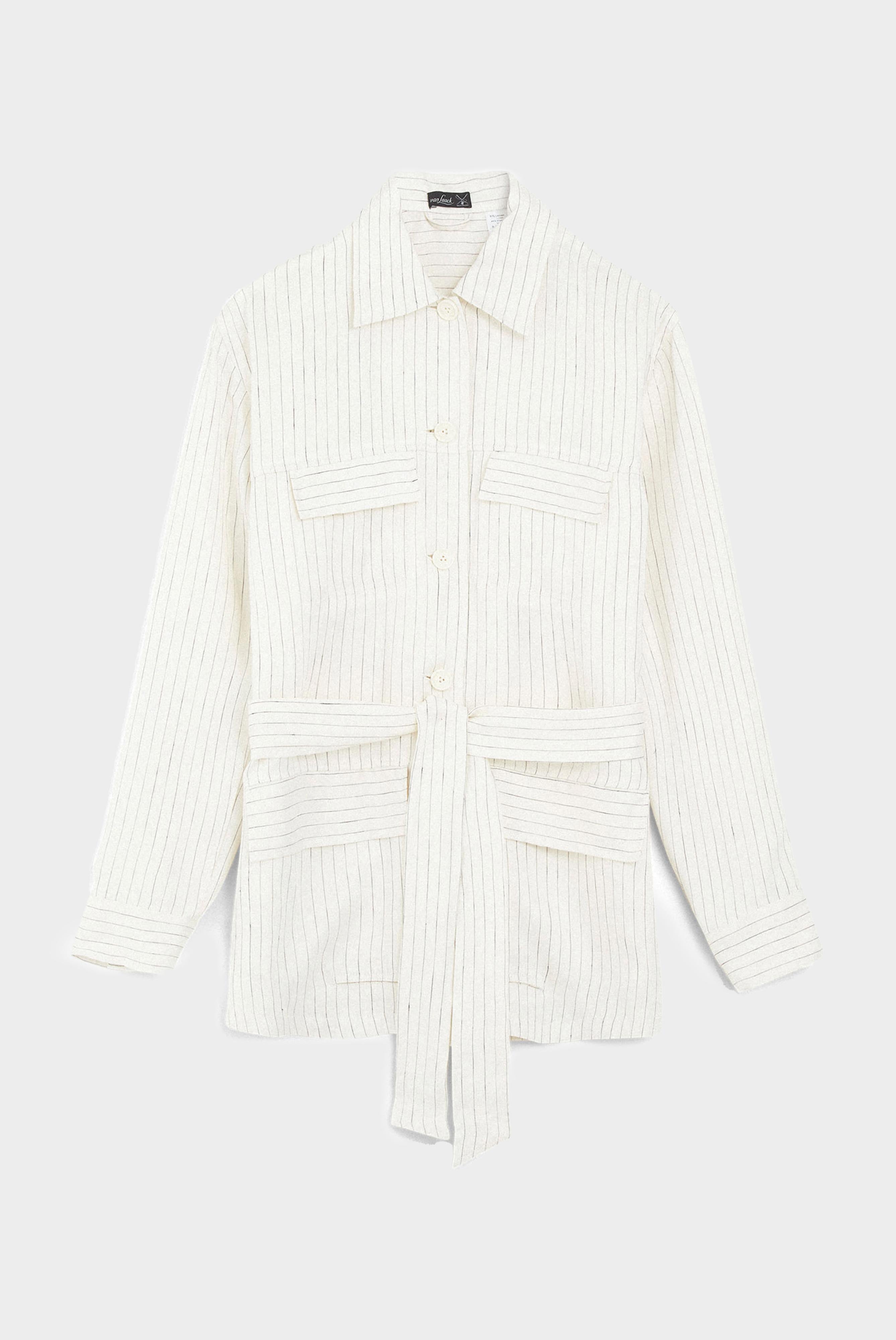 Safari Hemdjacke aus Leinen, mit Pattentaschen und Gürtel, beige mit Nadelstreifen