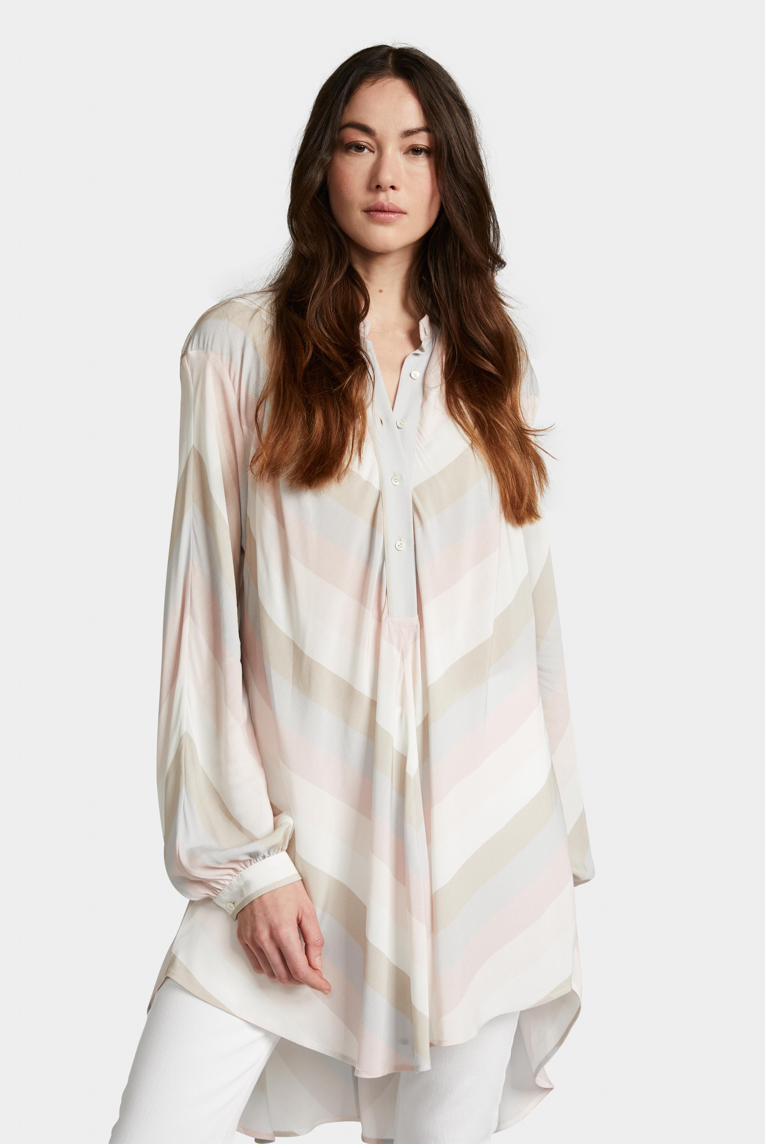 Lange Bluse mit Stehkragen Streifen-Druck Beige/Rosa