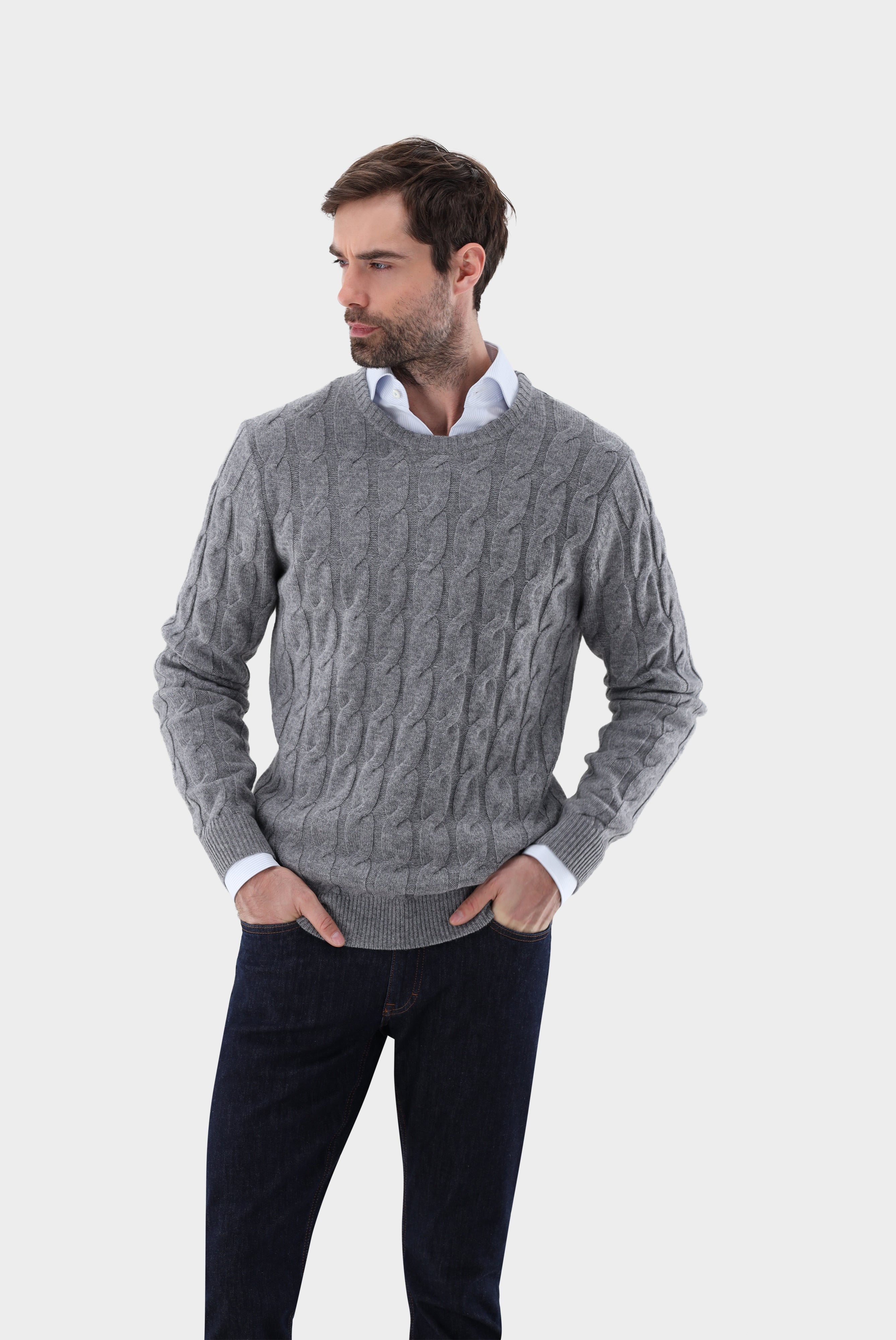 Rundhals Pullover mit Zopfmuster und Kaschmir