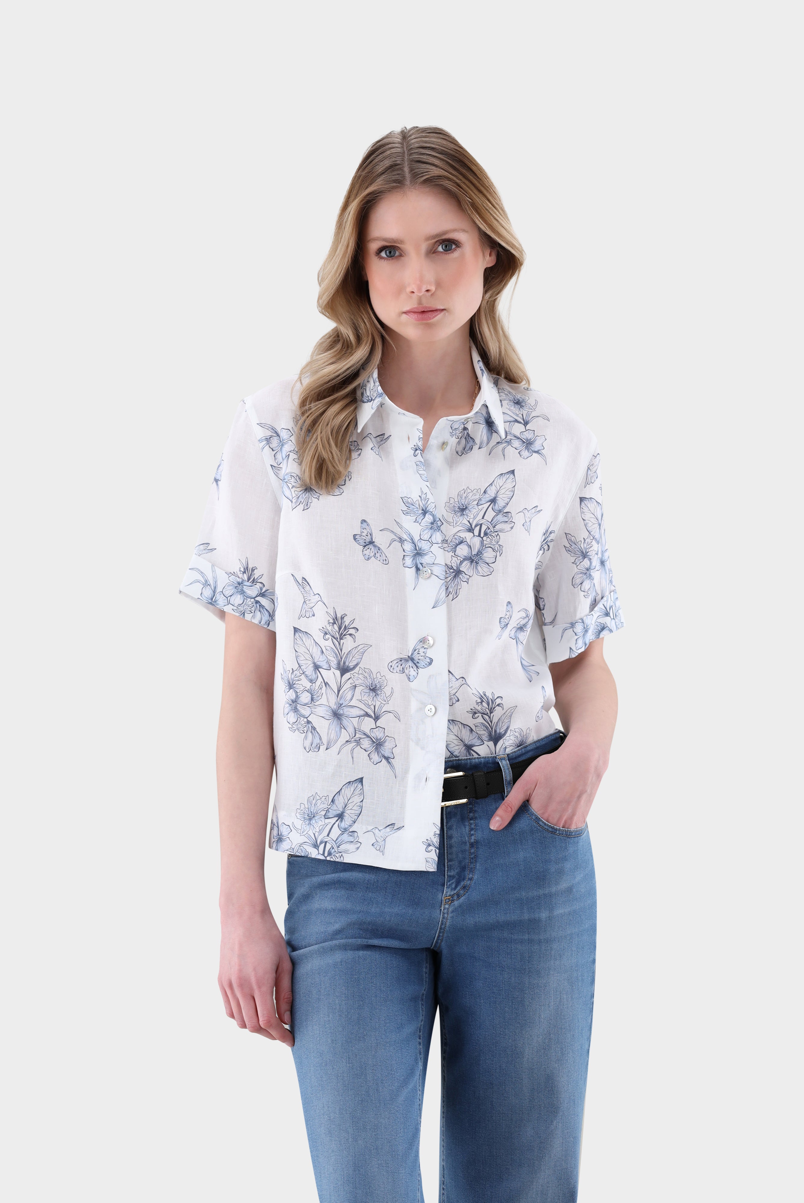 Van Laack-Kurzarm Hemdbluse aus Leinen mit Floralem Druck-Hemden & Blusen-Black-Deal-Outlet-by-ARCHIVIST