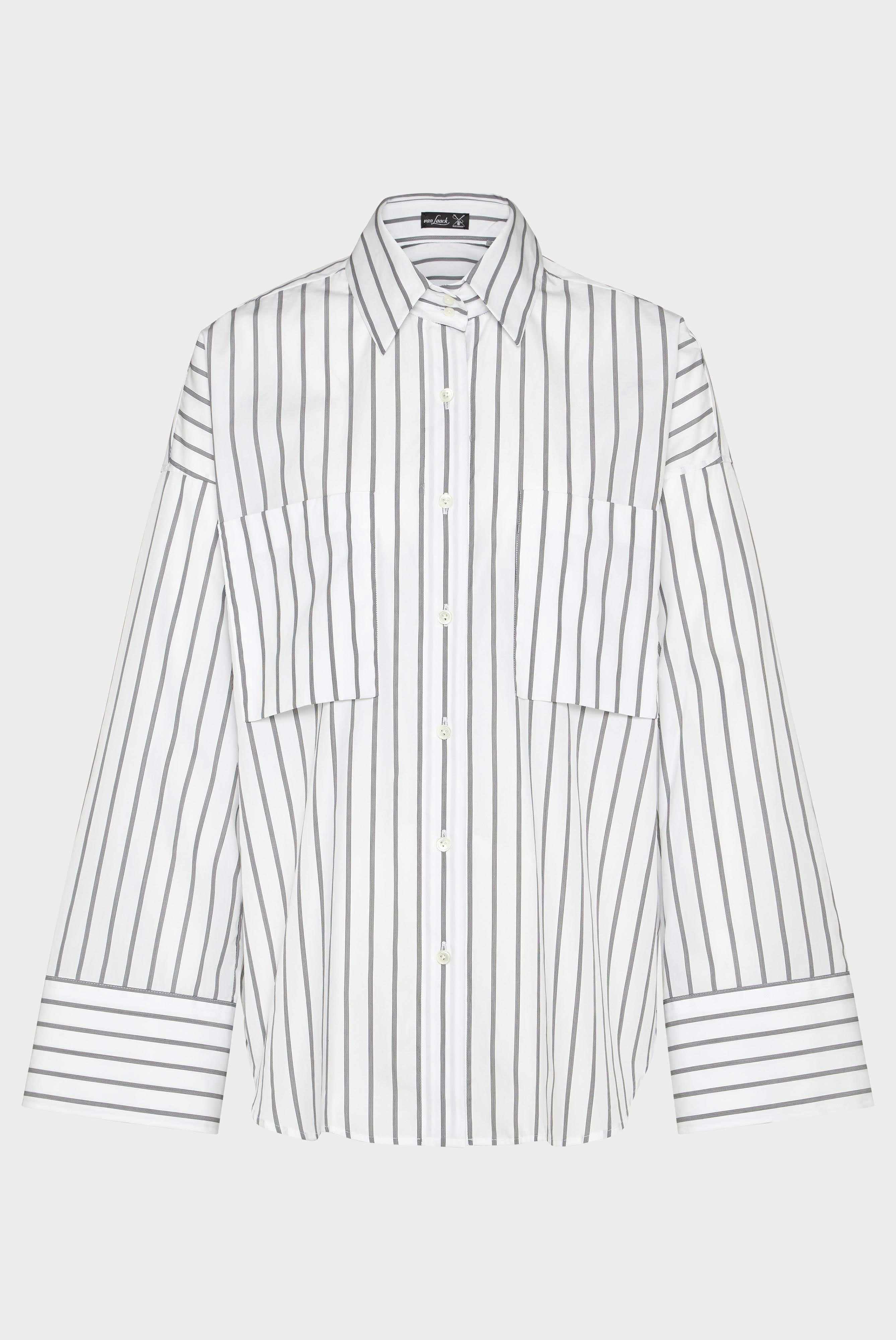 Hemdbluse mit großer Manschette und aufgesetzten Taschen Beige/Weiß gestreift