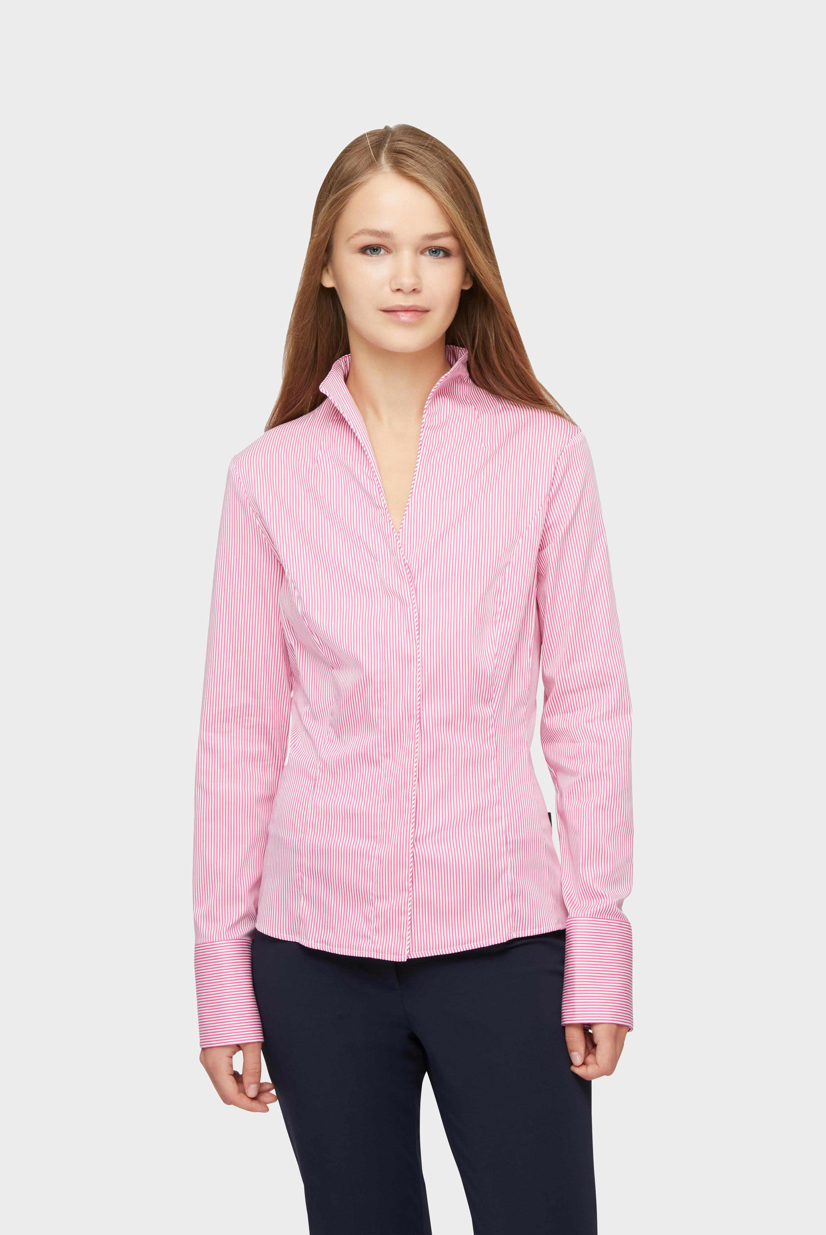 Satin stand-up collar blouse, red/white striped