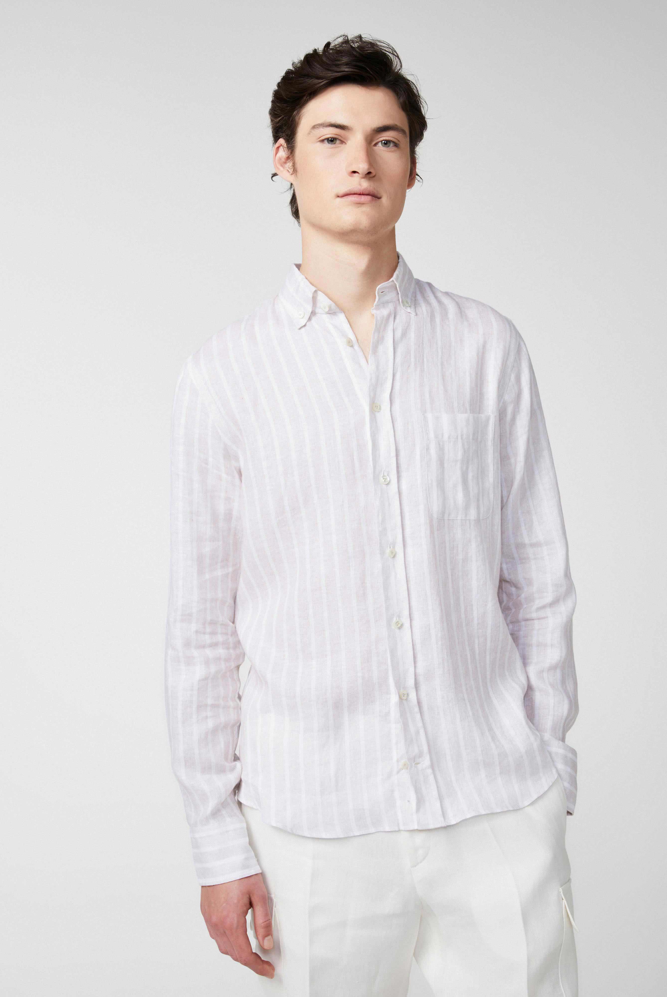 Button-Down-Hemd aus Leinen mit Streifendruck Beige