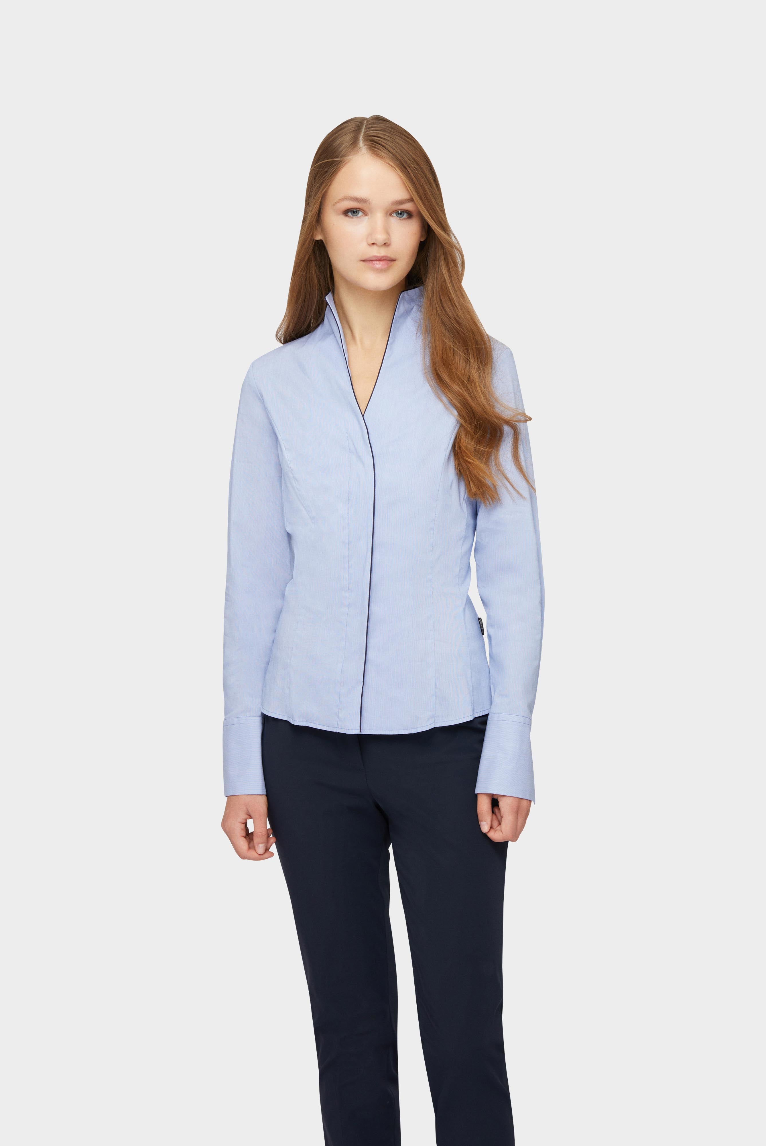 Poplin stand-up collar blouse with elastane, blue