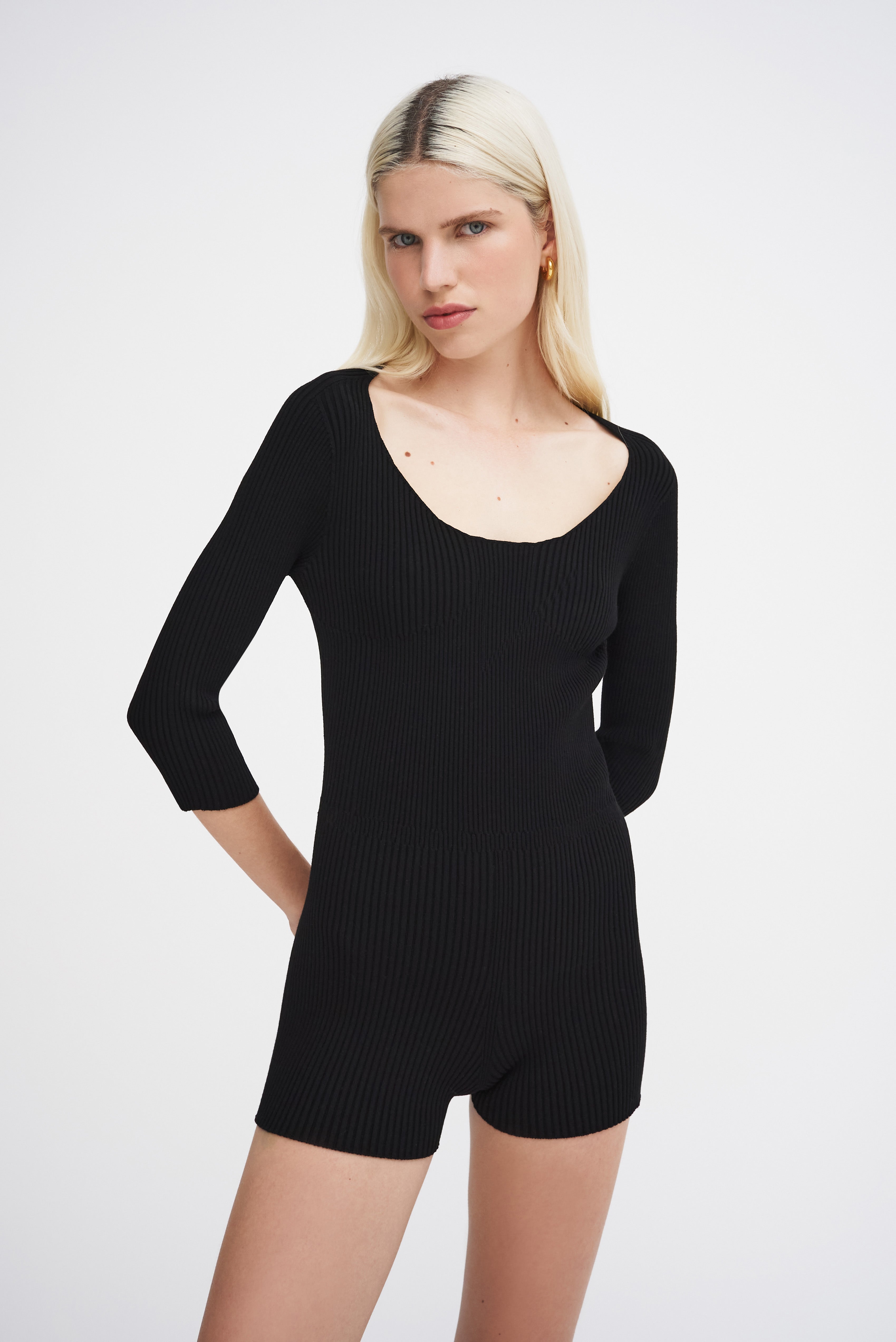 AERON HELENA Ribbed knit bra-detailed romper – black