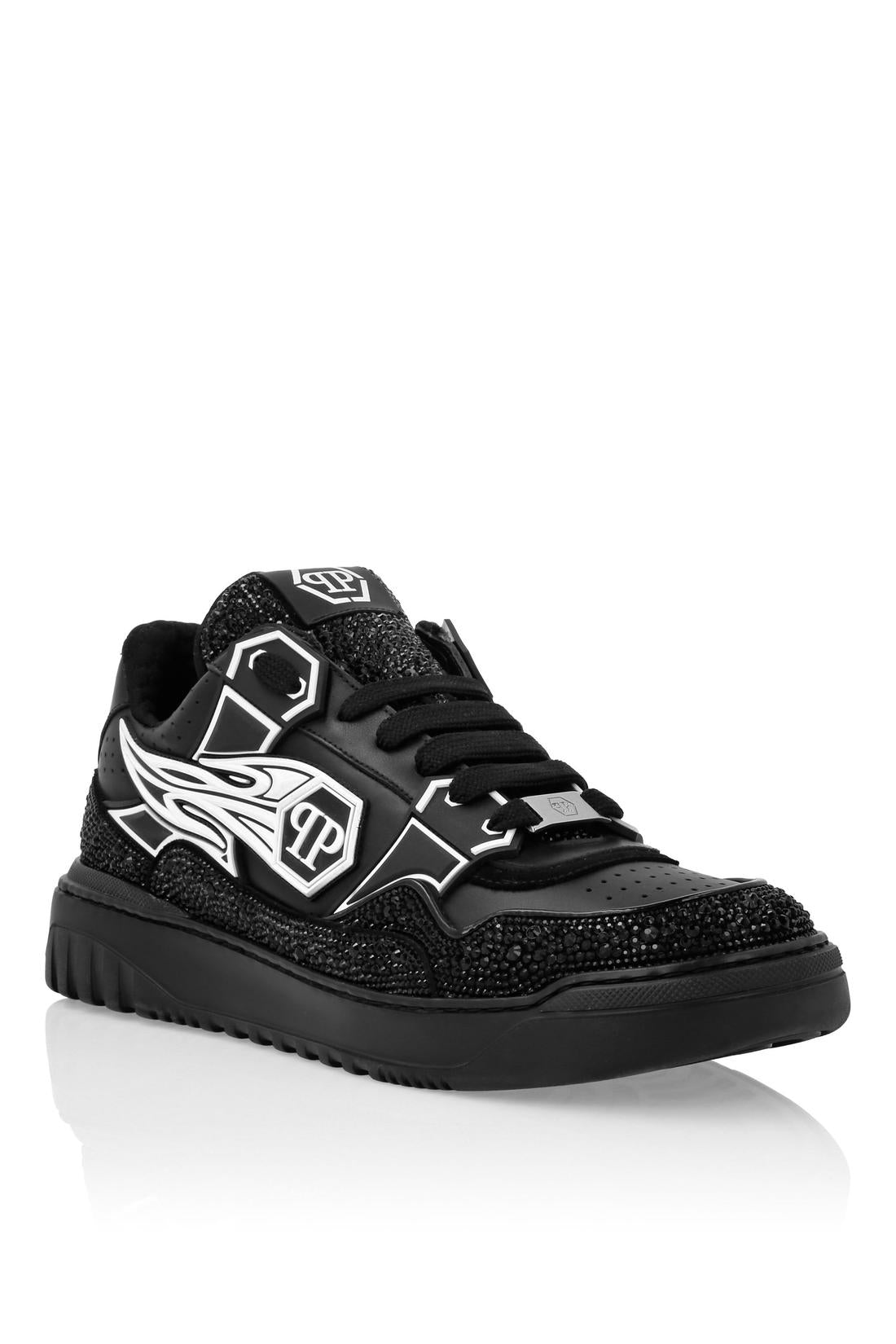 Philipp Plein Mix Leather Lo-Top Sneakers Strass Hexagon, Schuhe