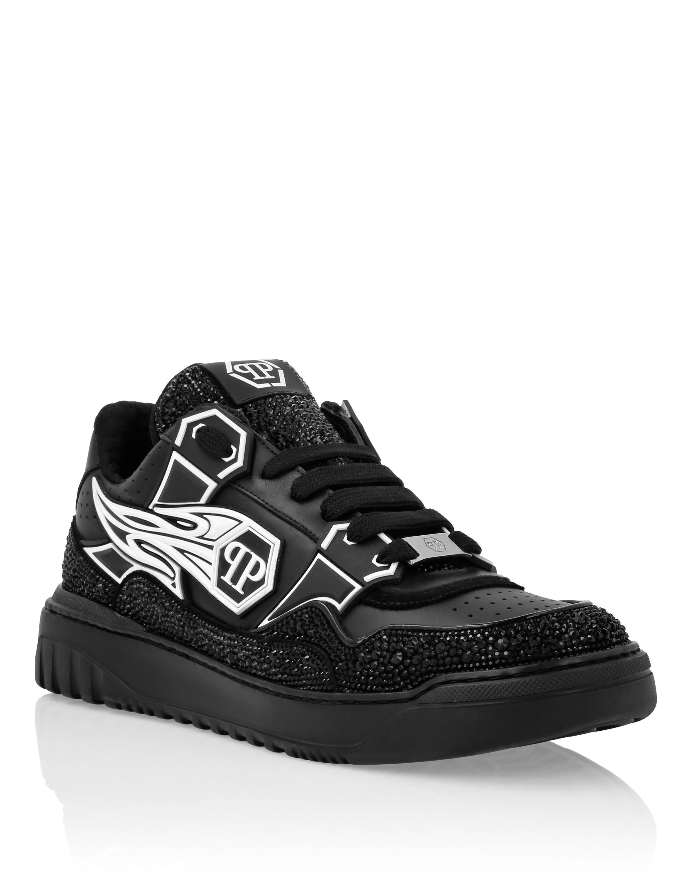 Mix Leather Lo-Top Sneakers Strass Hexagon