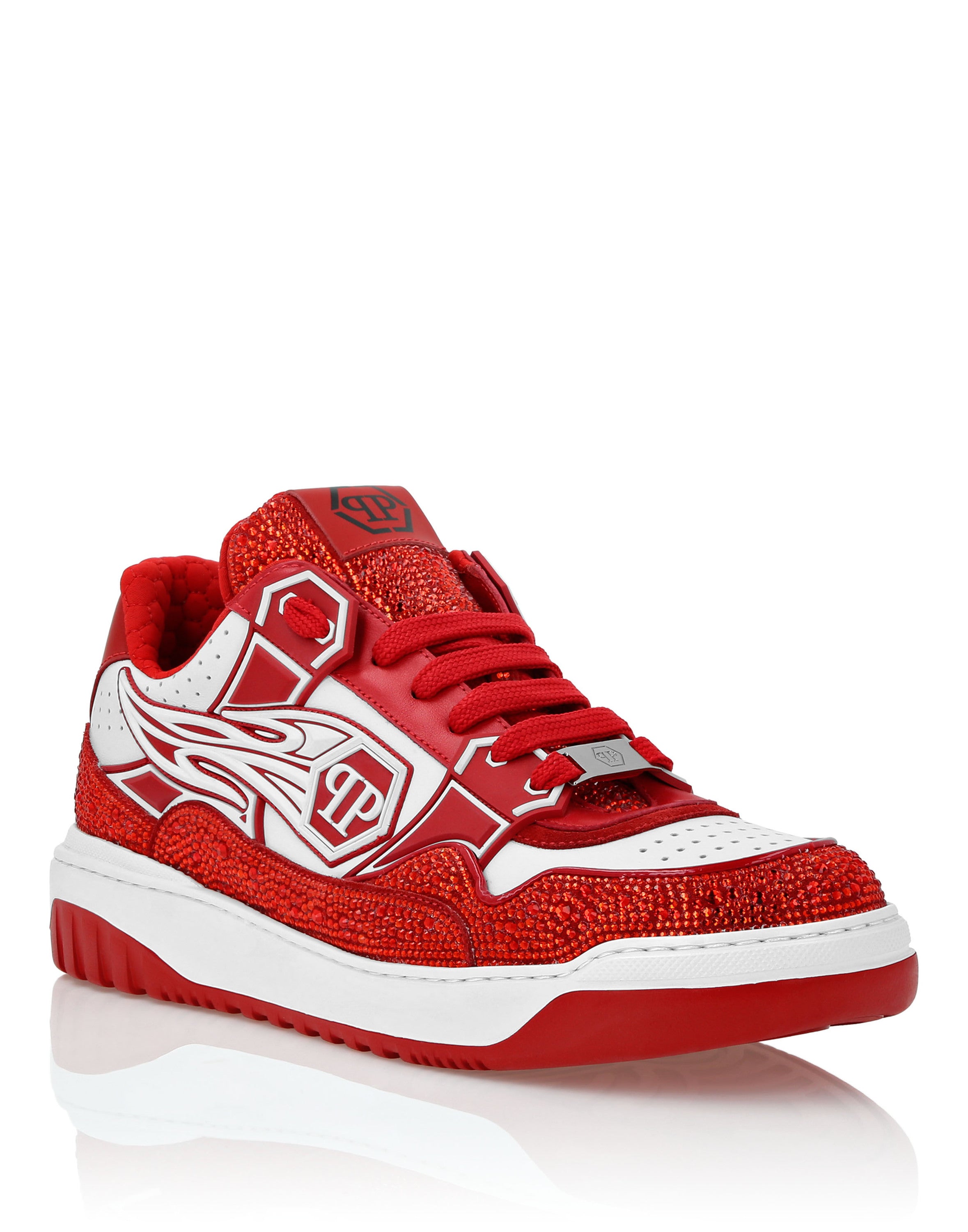 Mix Leather Lo-Top Sneakers Strass Hexagon