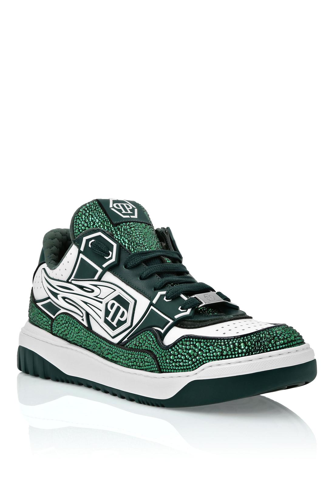 Philipp Plein Mix Leather Lo-Top Sneakers Strass Hexagon, Schuhe