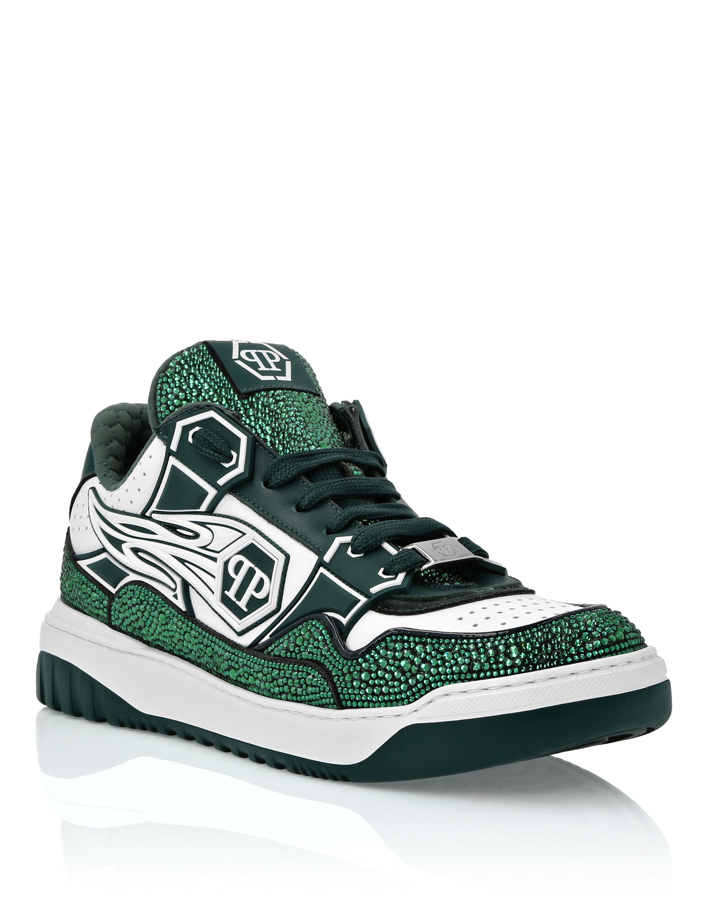 Mix Leather Lo-Top Sneakers Strass Hexagon