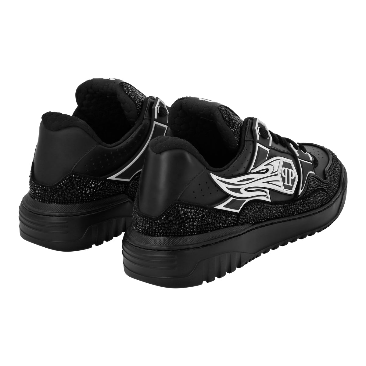 Mix Leather Lo-Top Sneakers Strass Hexagon