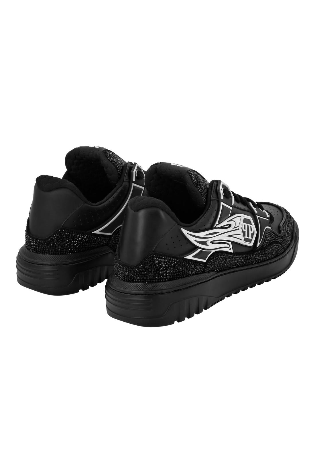 Philipp Plein Mix Leather Lo-Top Sneakers Strass Hexagon, Schuhe