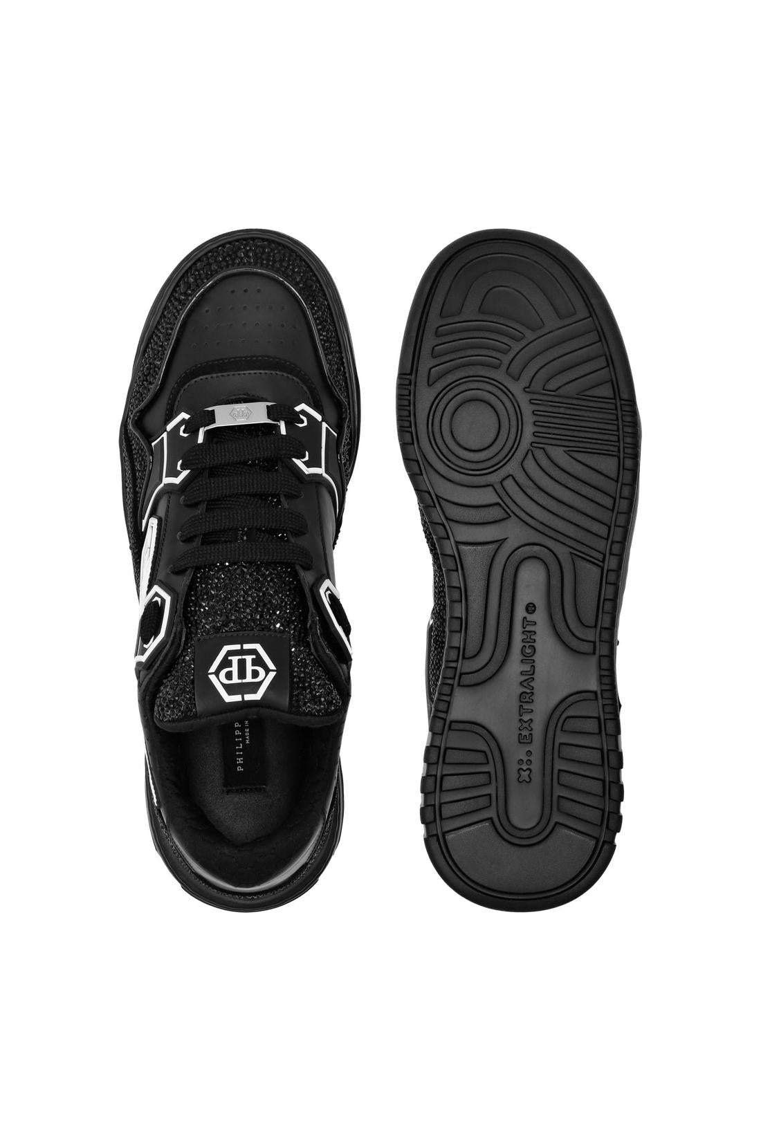 Philipp Plein Mix Leather Lo-Top Sneakers Strass Hexagon, Schuhe