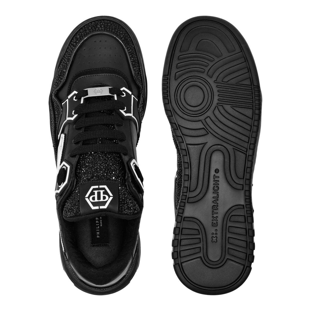 Mix Leather Lo-Top Sneakers Strass Hexagon