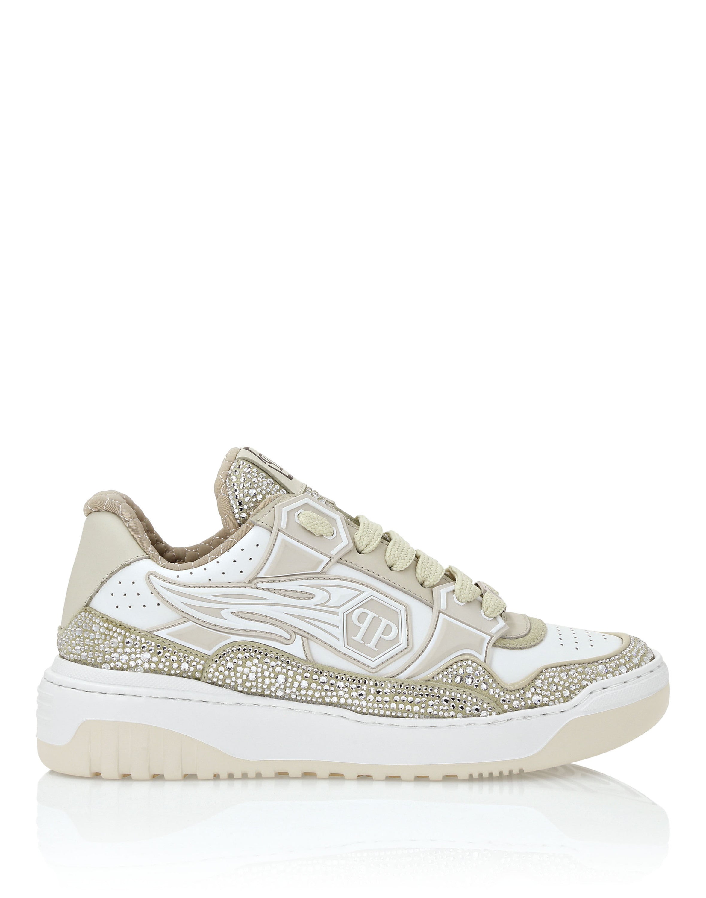 Mix Leather Lo-Top Sneakers Strass Hexagon