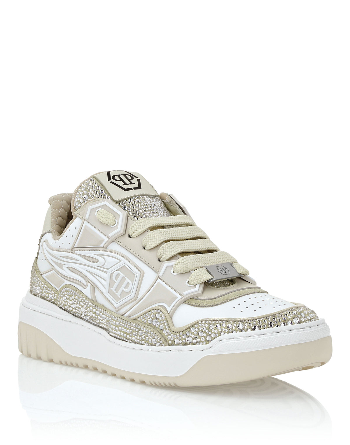 Mix Leather Lo-Top Sneakers Strass Hexagon