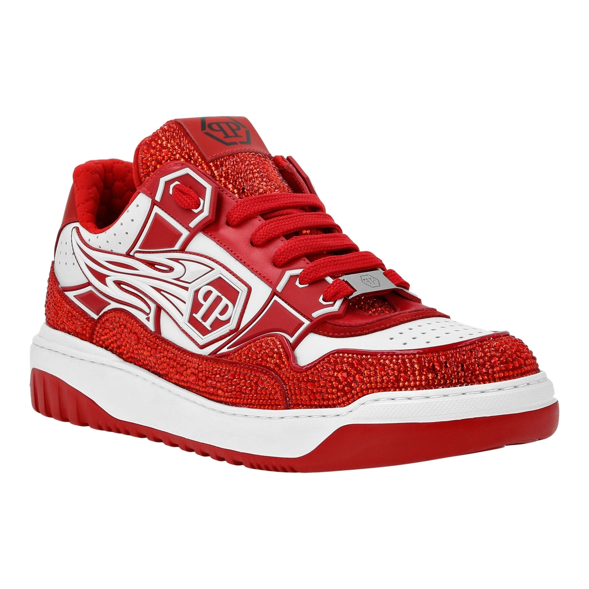 Mix Leather Lo-Top Sneakers Strass Hexagon