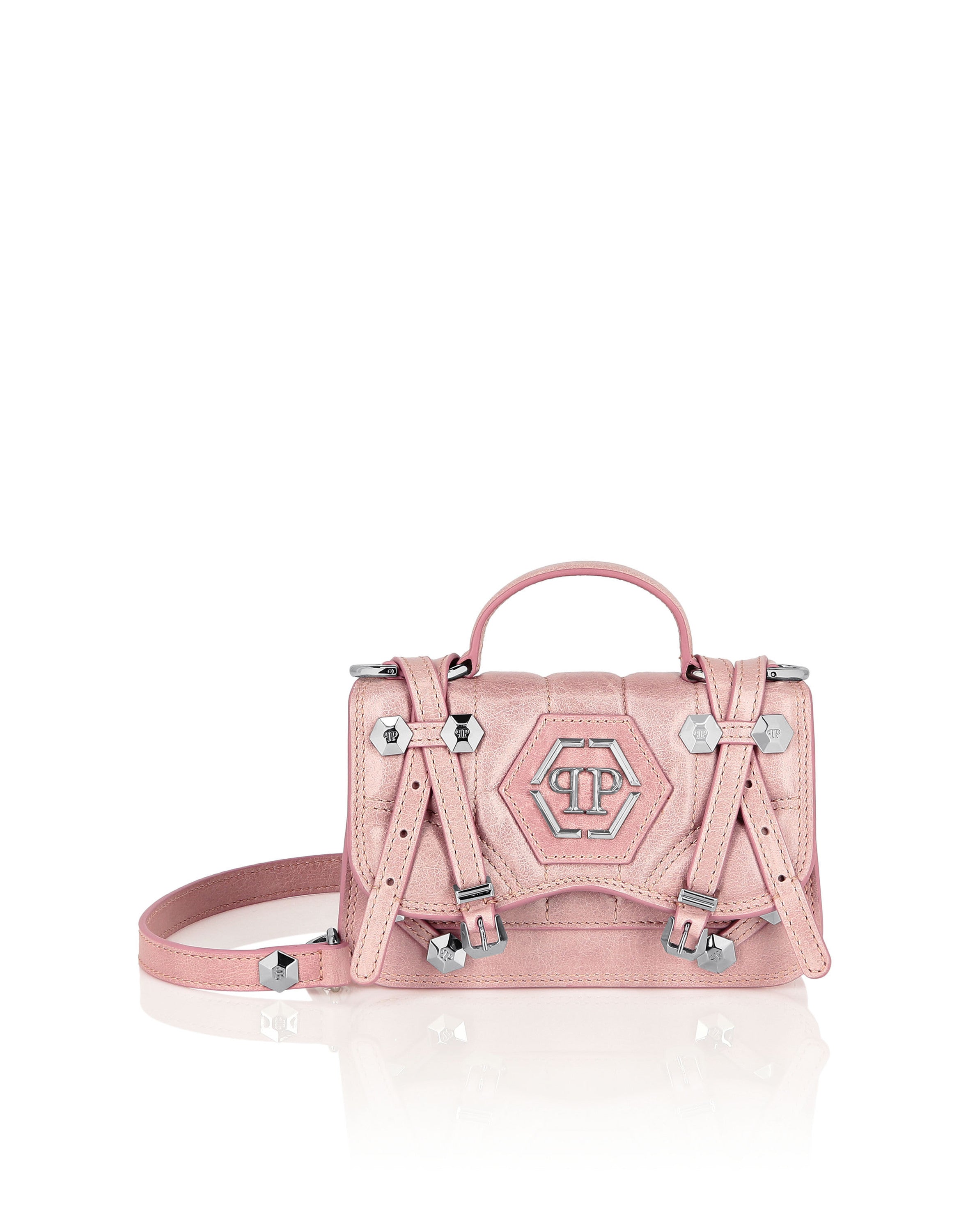 Shiny Crackle Leather Belt Handle Bag Small Hexagon