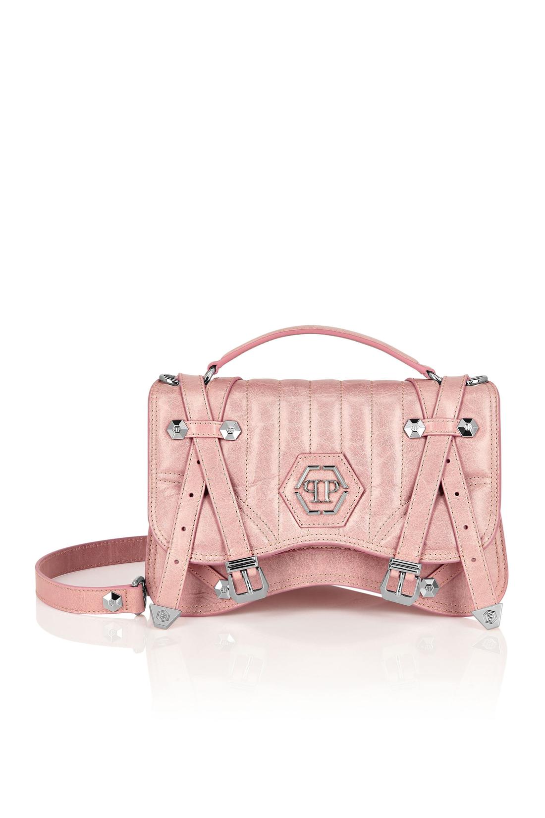 Shiny Crackle Leather Belt Handle Bag Medium Hexagon