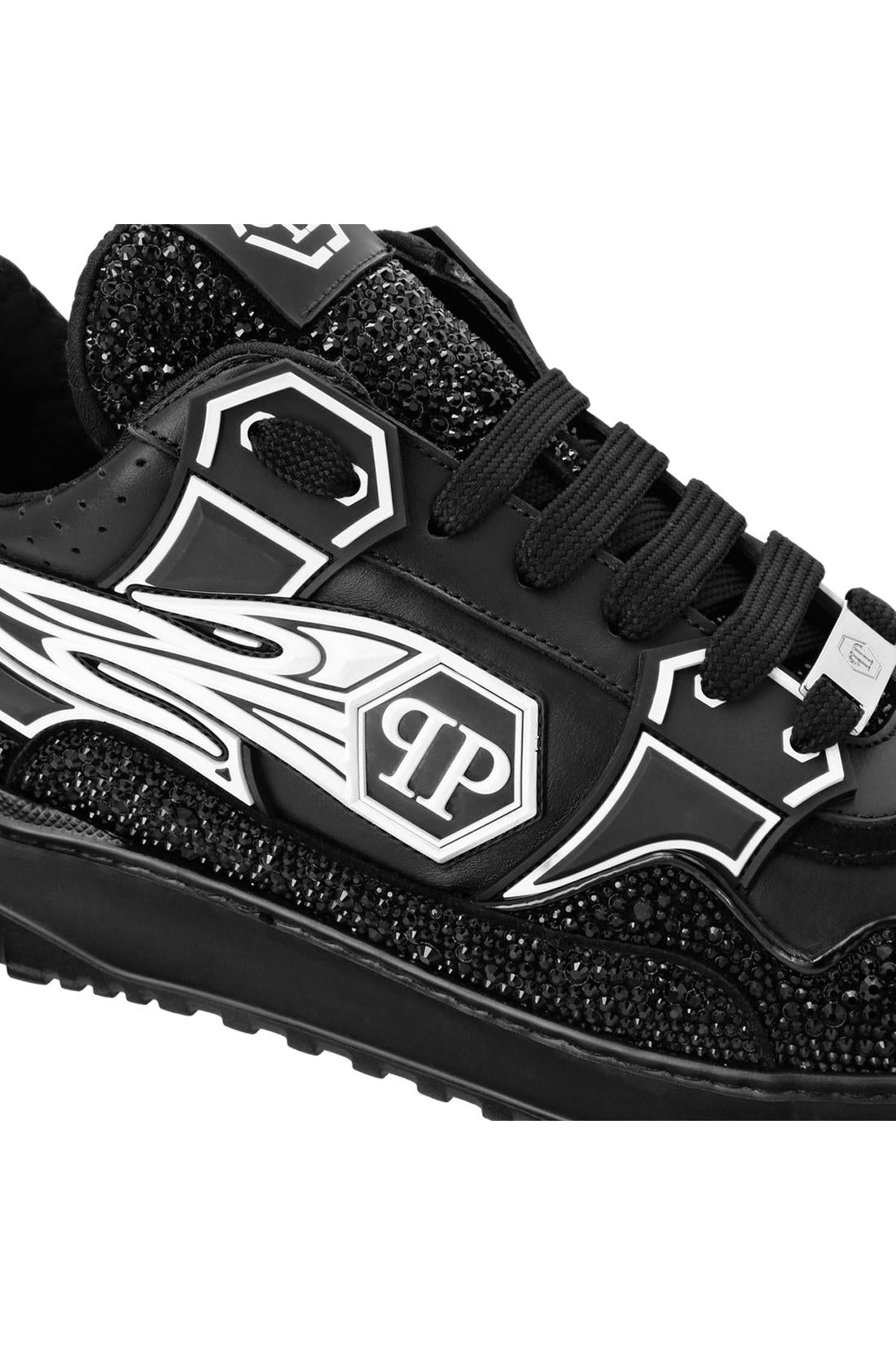 Philipp Plein Mix Leather Lo-Top Sneakers Strass Hexagon, Schuhe