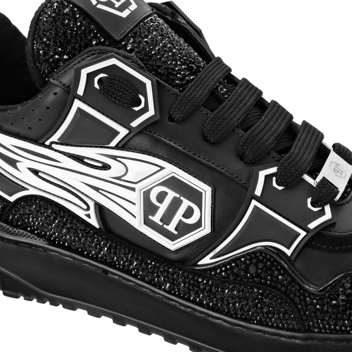 Mix Leather Lo-Top Sneakers Strass Hexagon