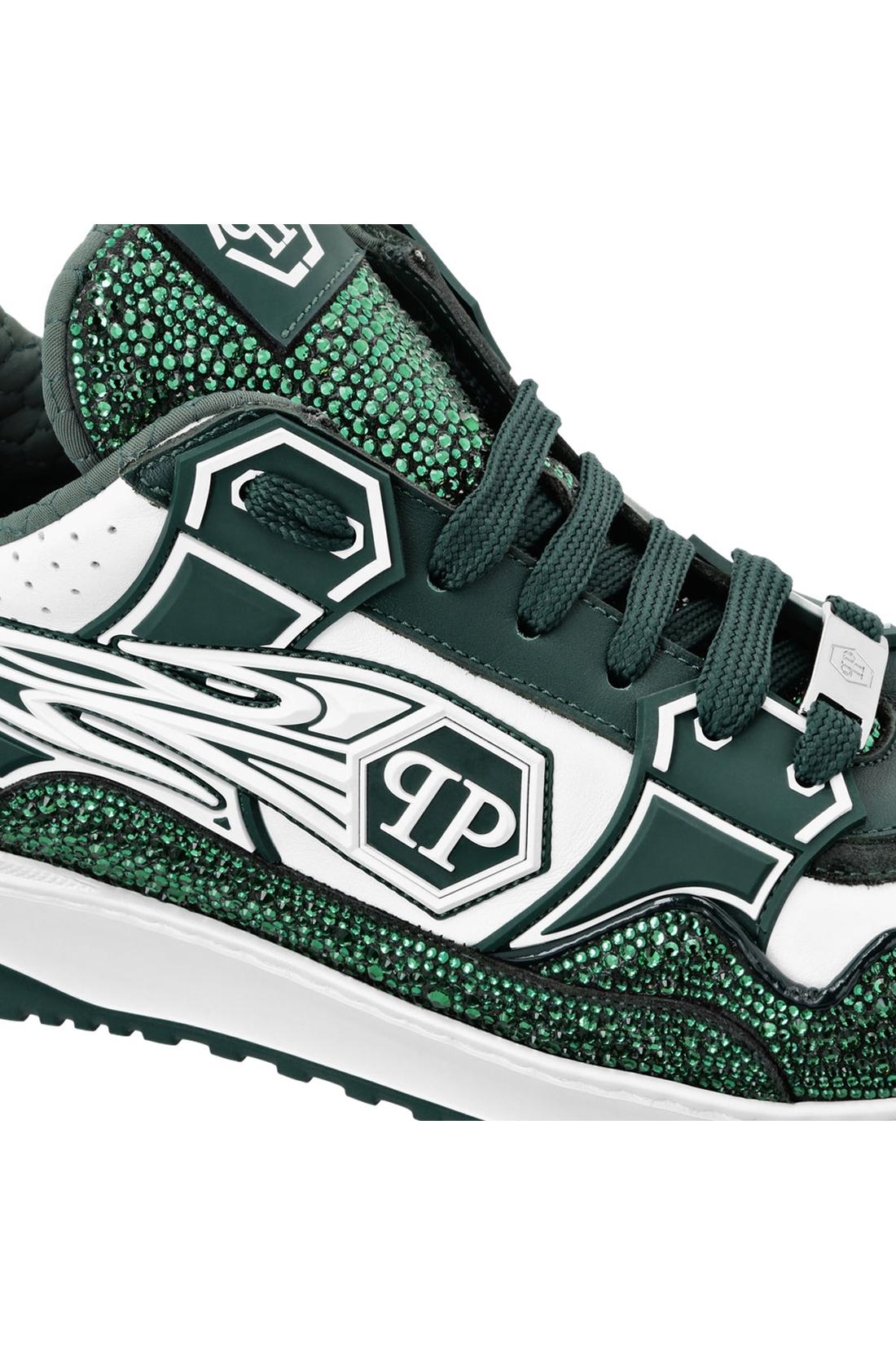 Philipp Plein Mix Leather Lo-Top Sneakers Strass Hexagon, Schuhe