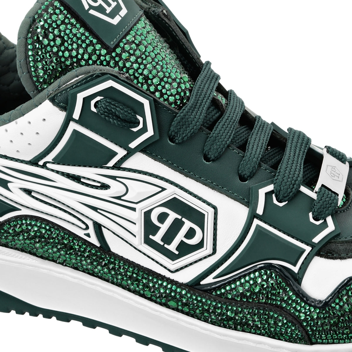 Mix Leather Lo-Top Sneakers Strass Hexagon