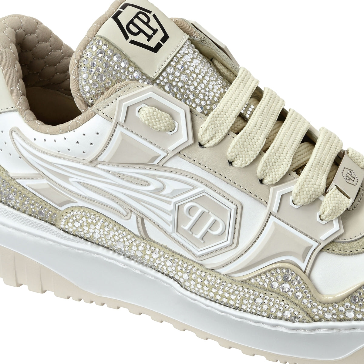 Mix Leather Lo-Top Sneakers Strass Hexagon
