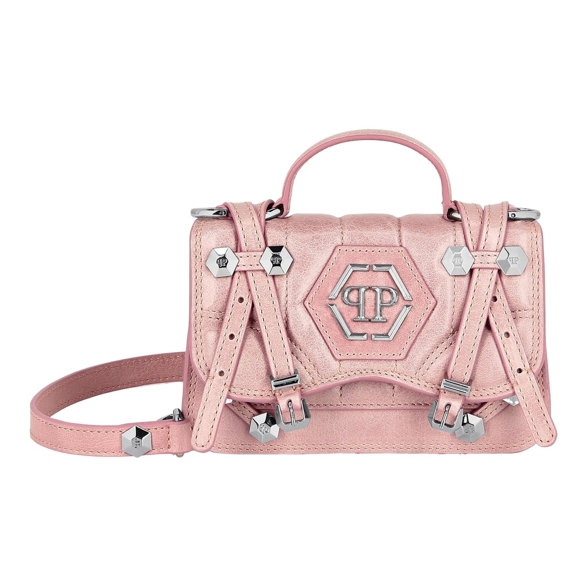 Shiny Crackle Leather Belt Handle Bag Small Hexagon