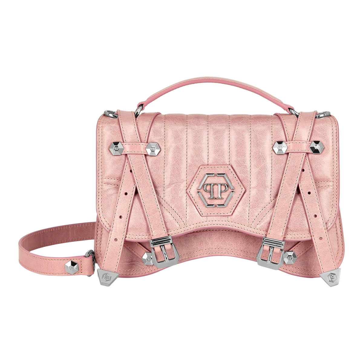 Shiny Crackle Leather Belt Handle Bag Medium Hexagon