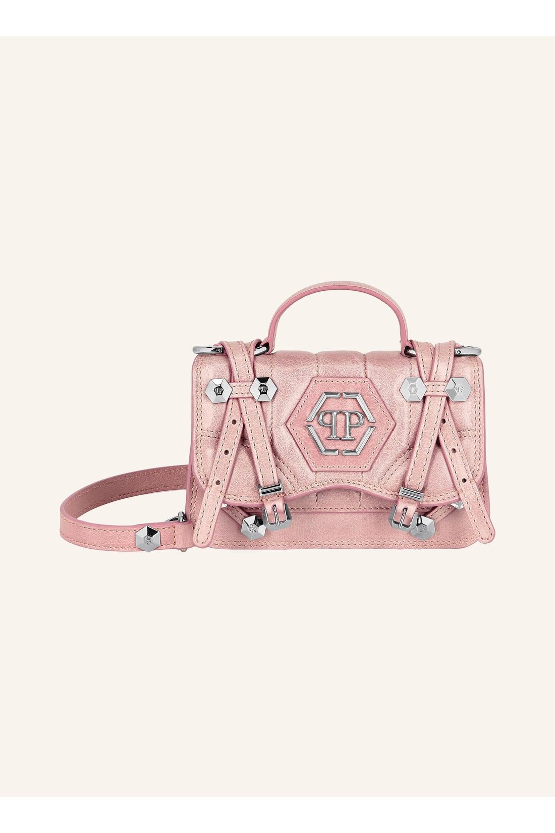 Shiny Crackle Leather Belt Handle Bag Small Hexagon