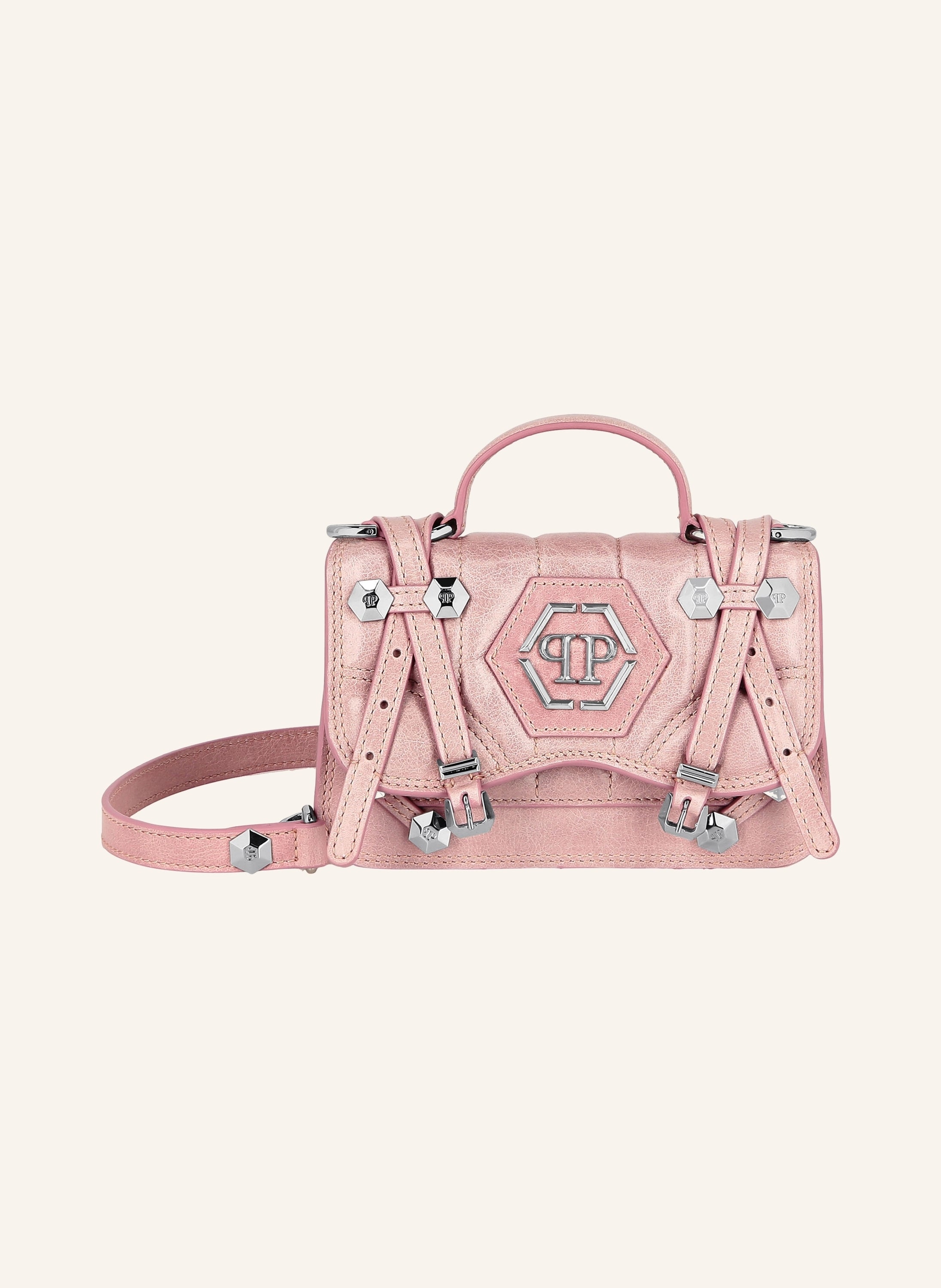 Shiny Crackle Leather Belt Handle Bag Small Hexagon