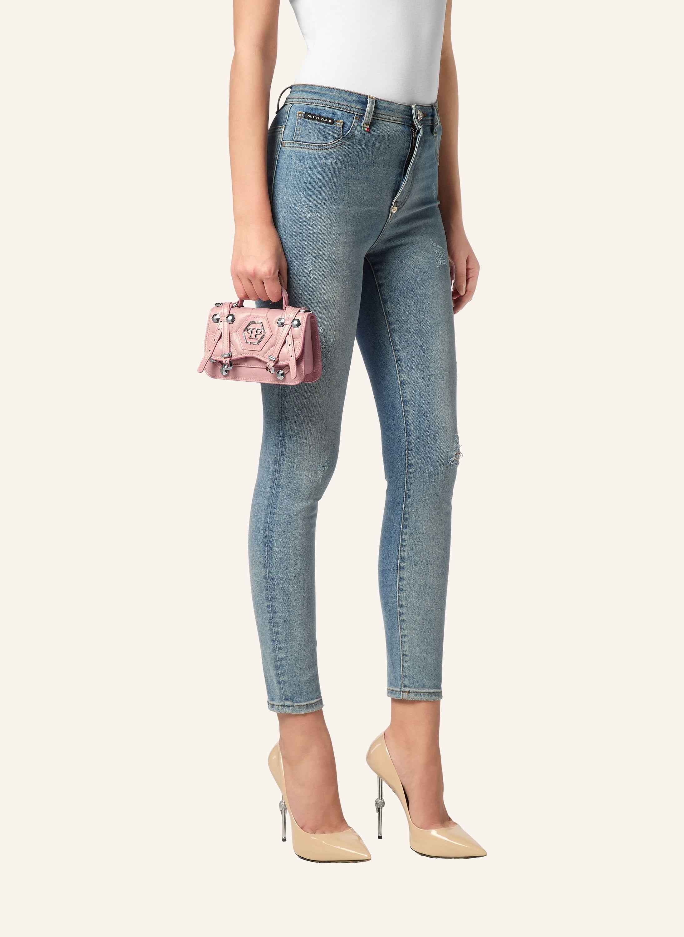 Shiny Crackle Leather Belt Handle Bag Small Hexagon