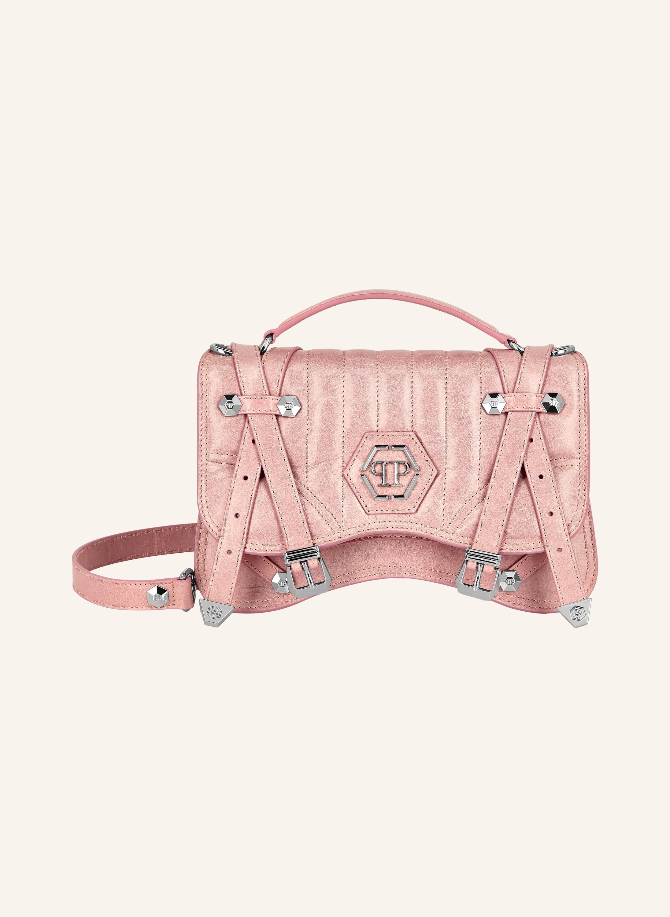 Shiny Crackle Leather Belt Handle Bag Medium Hexagon