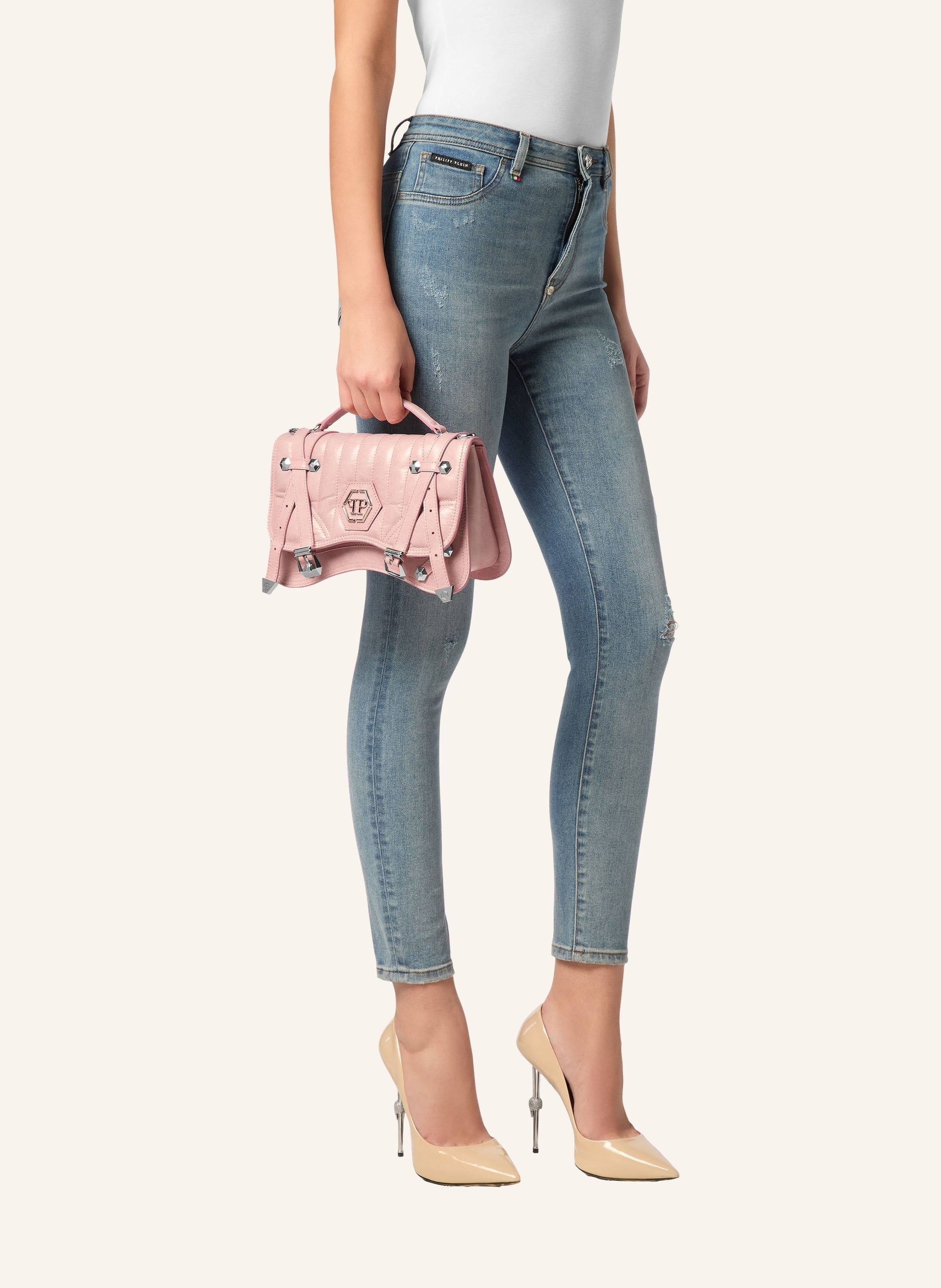 Shiny Crackle Leather Belt Handle Bag Medium Hexagon