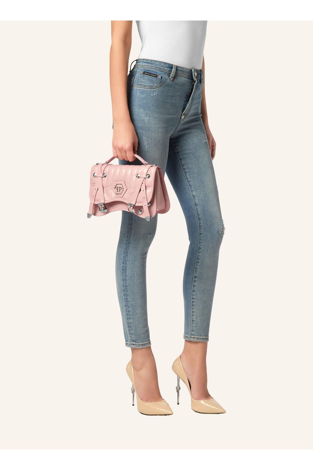 Shiny Crackle Leather Belt Handle Bag Medium Hexagon