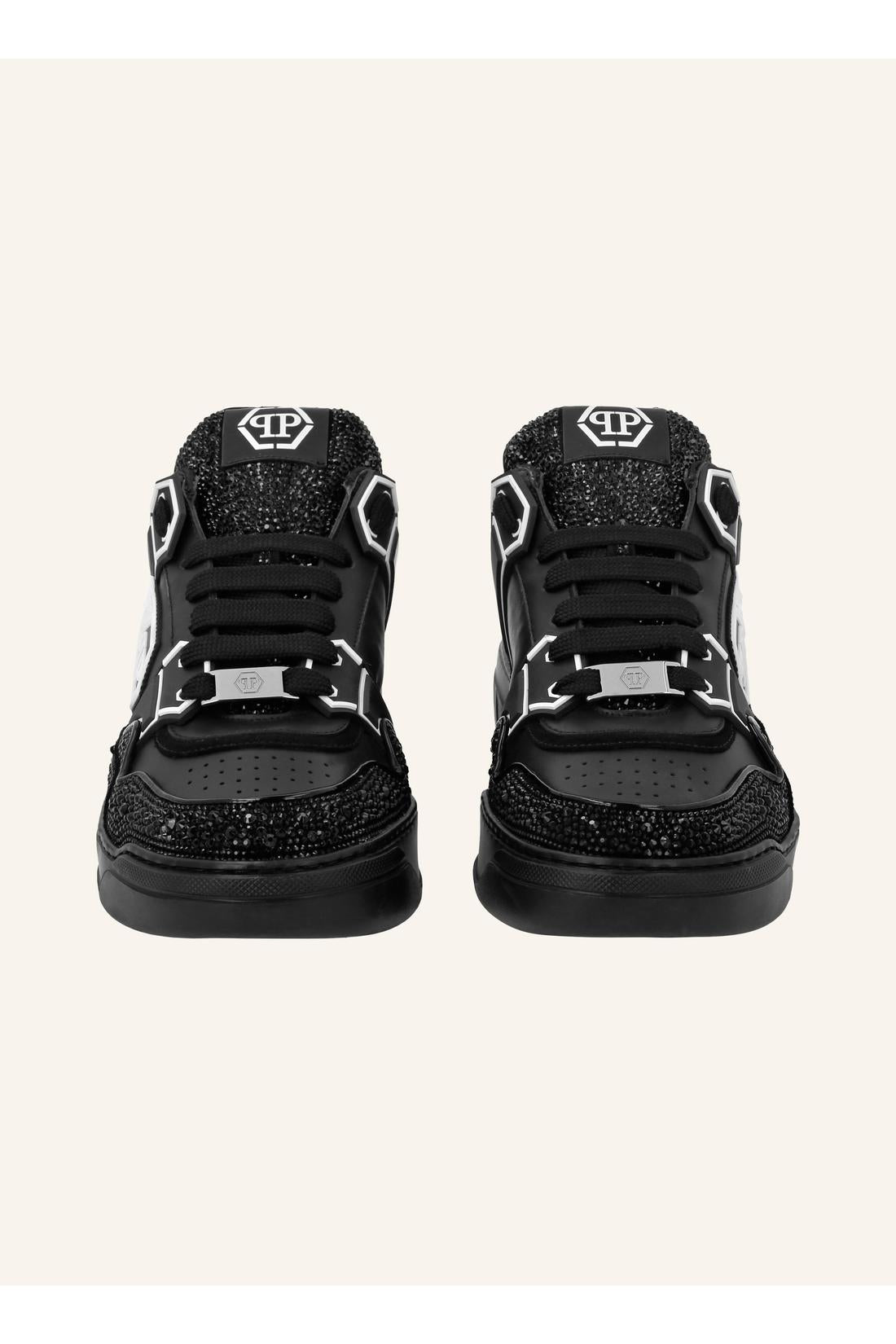 Philipp Plein Mix Leather Lo-Top Sneakers Strass Hexagon, Schuhe