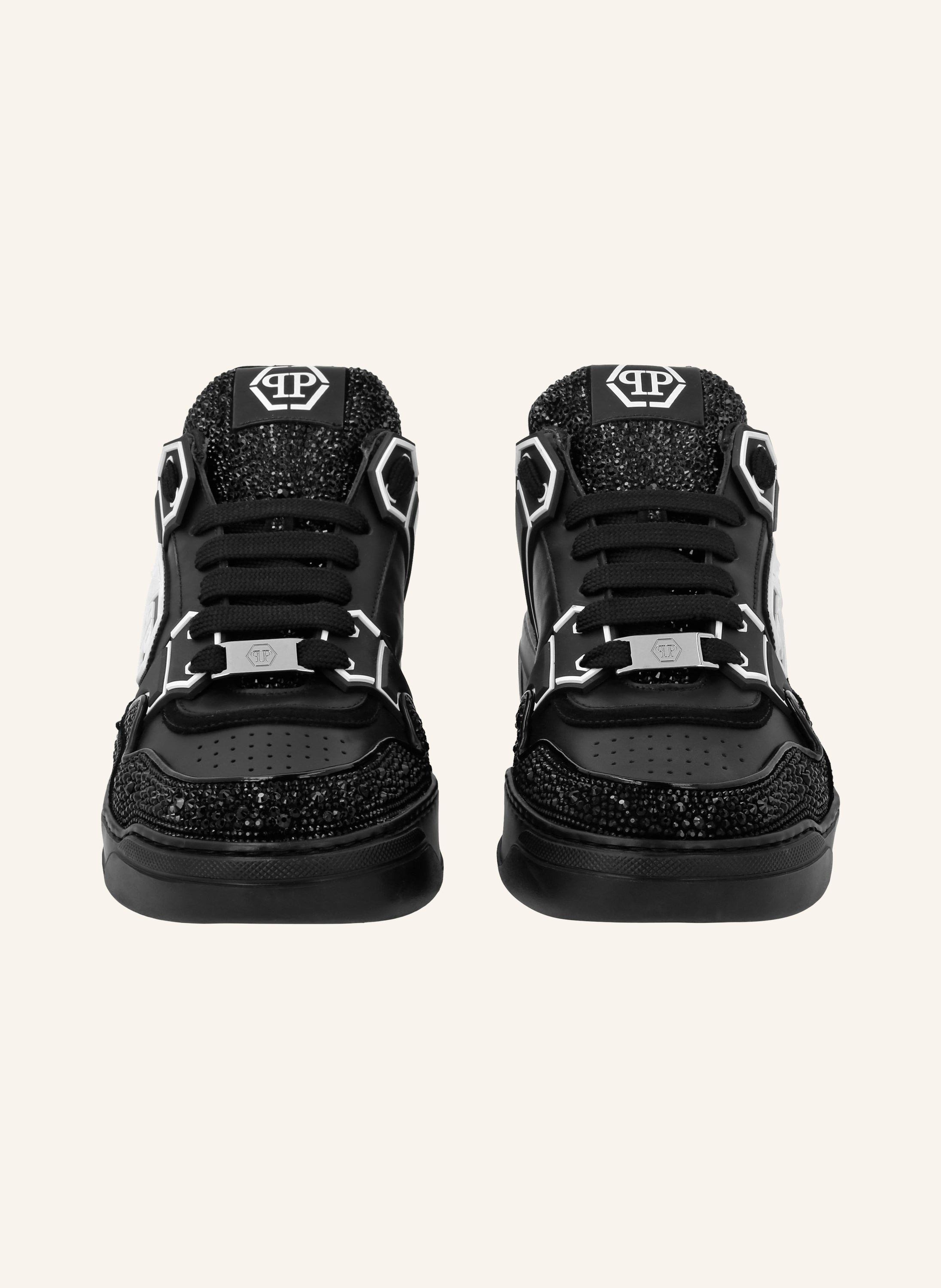 Mix Leather Lo-Top Sneakers Strass Hexagon